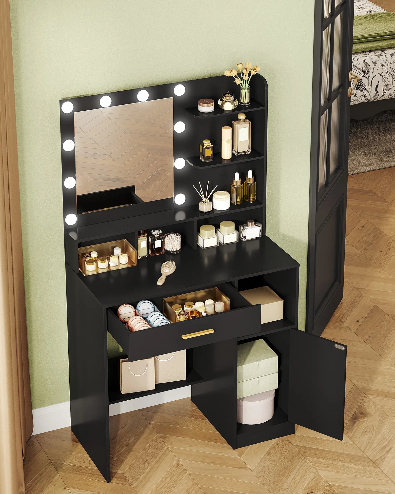 Make-up Tafel met Spiegel en LED Verlichting – Dressing Table met Lade, Planken en Opbergruimte – Modern Minimalistisch