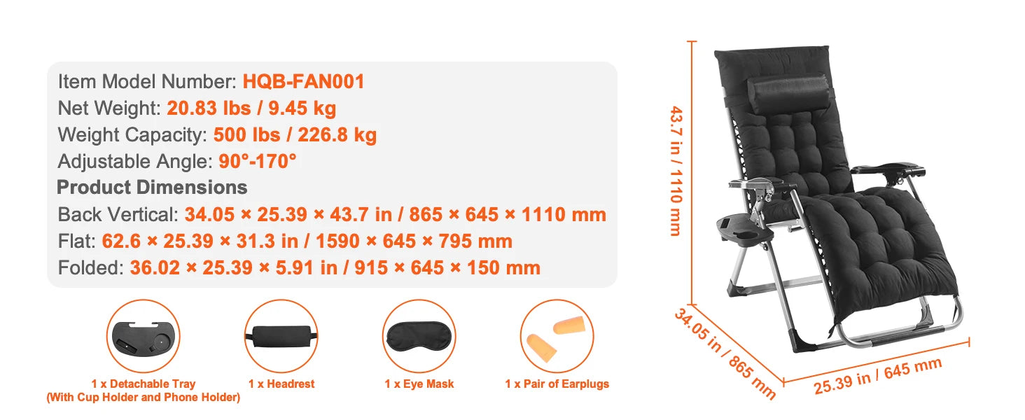 Zero Gravity Stoel Verstelbaar met Kussen & Accessoires – Comfortabele Ligstoel voor Tuin, Camping & Balkon