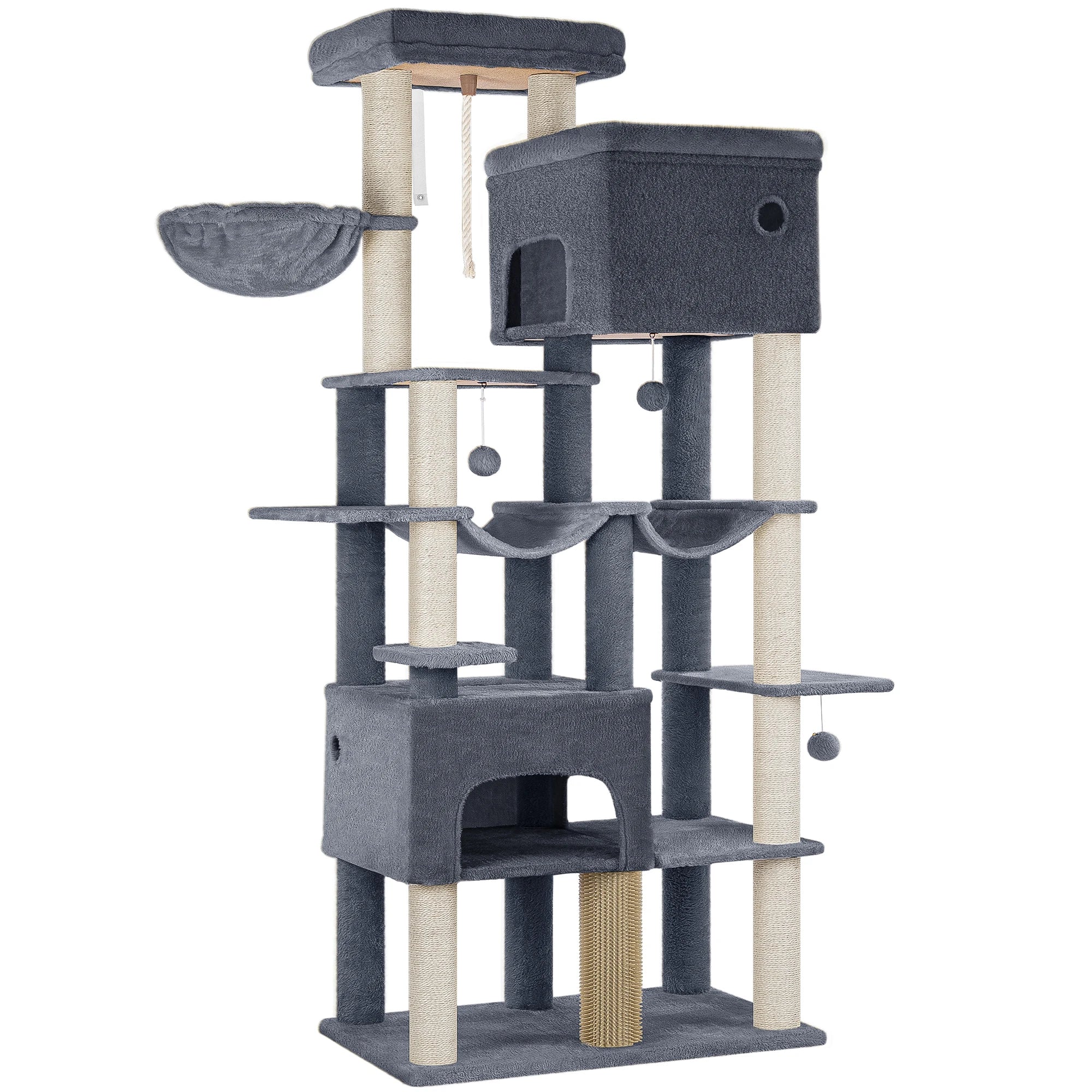 Grote Krabpaal voor Katten XXL – 200 cm Kattenboom met 10 Sisalpalen, 2 Huisjes, Hangmatten & Platform – Voor Grote Katten
