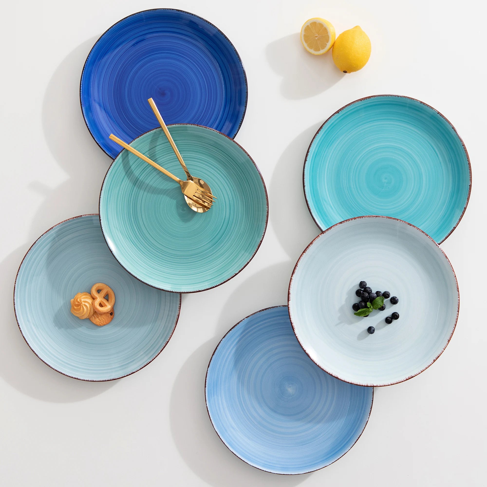 Dinerbord Set 6 Stuks 26,5 cm – Handgeschilderd Keramiek Servies – Rustieke Blauwe Borden