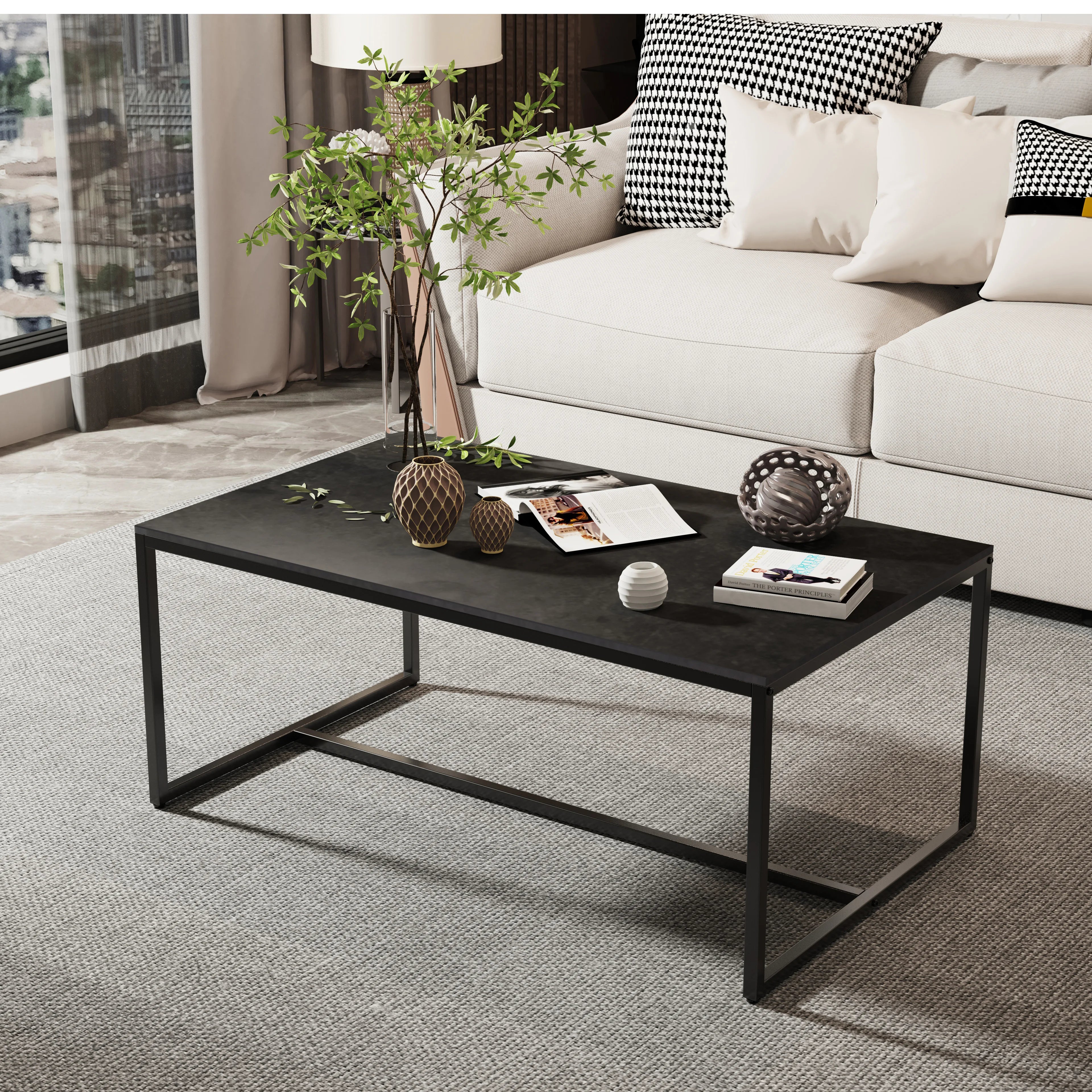 Salontafel van Gesinterd Steen – Moderne Rechthoekige Tafel met Zwart Metalen Frame – Grijs Tafelblad – Luxe & Duurzaam Design