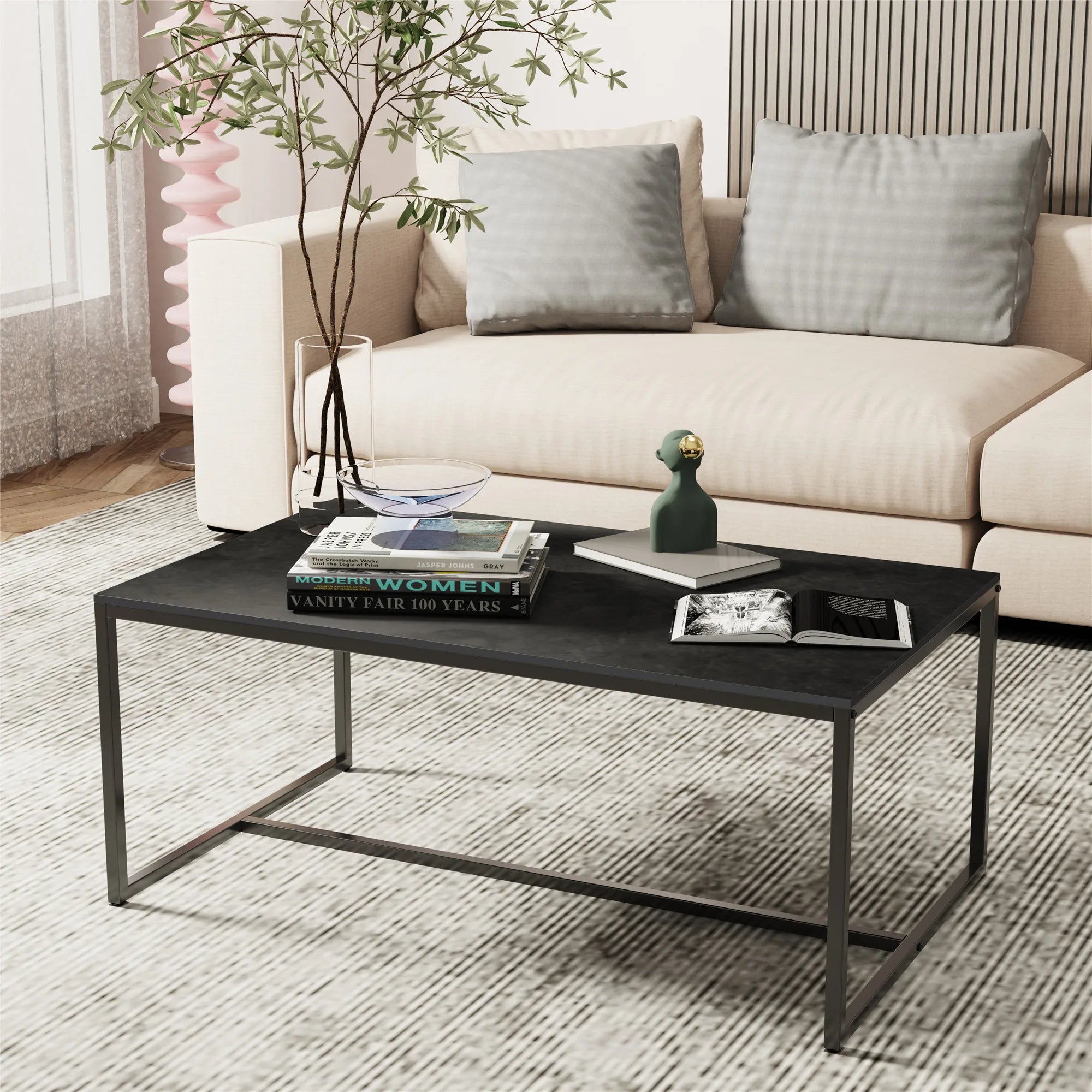 Salontafel van Gesinterd Steen – Moderne Rechthoekige Tafel met Zwart Metalen Frame – Grijs Tafelblad – Luxe & Duurzaam Design