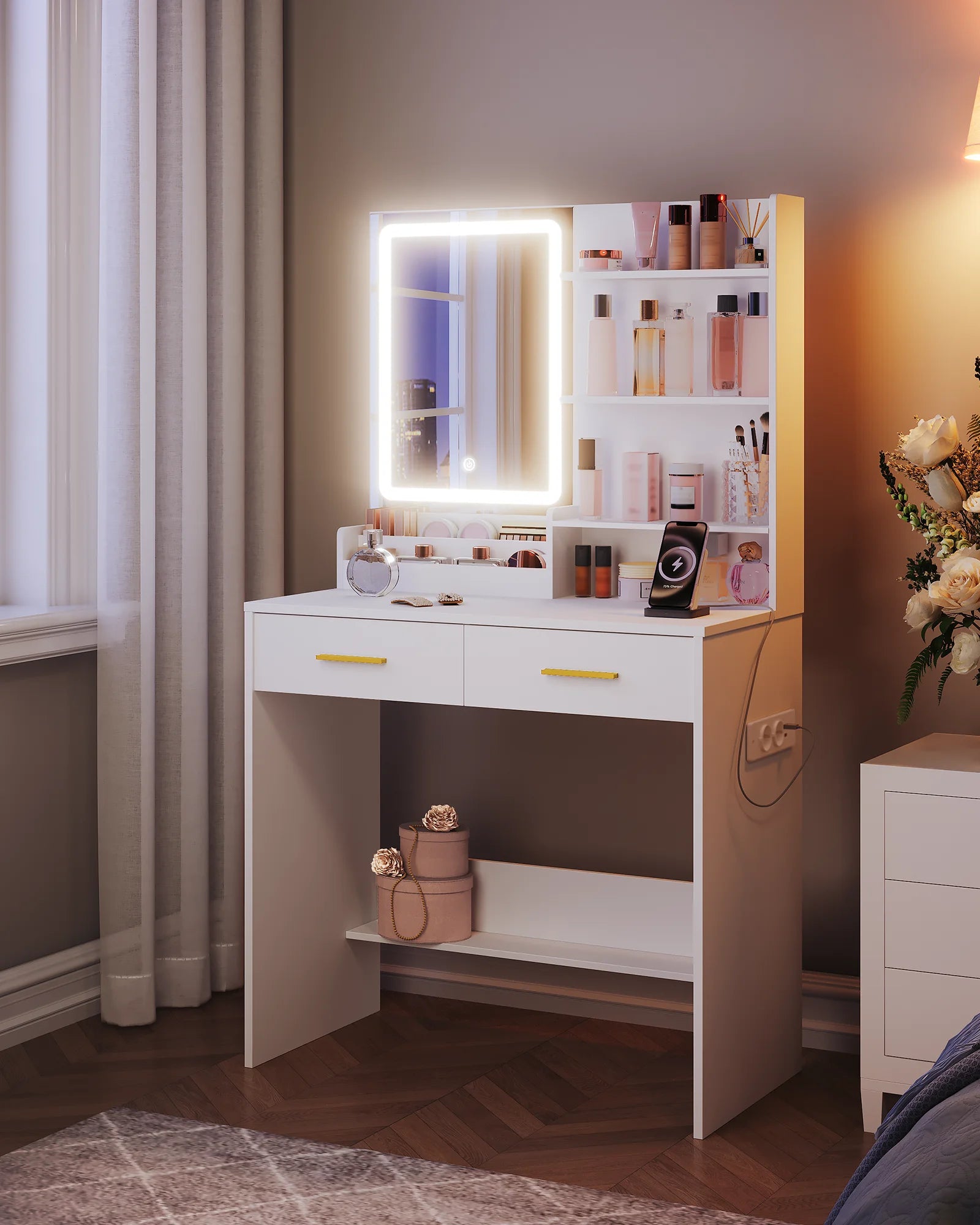 Kaptafel met LED Verlichting en Spiegel – Stopcontact & USB – 2 Lades en Opbergruimte – Moderne Witte Make-up Tafel