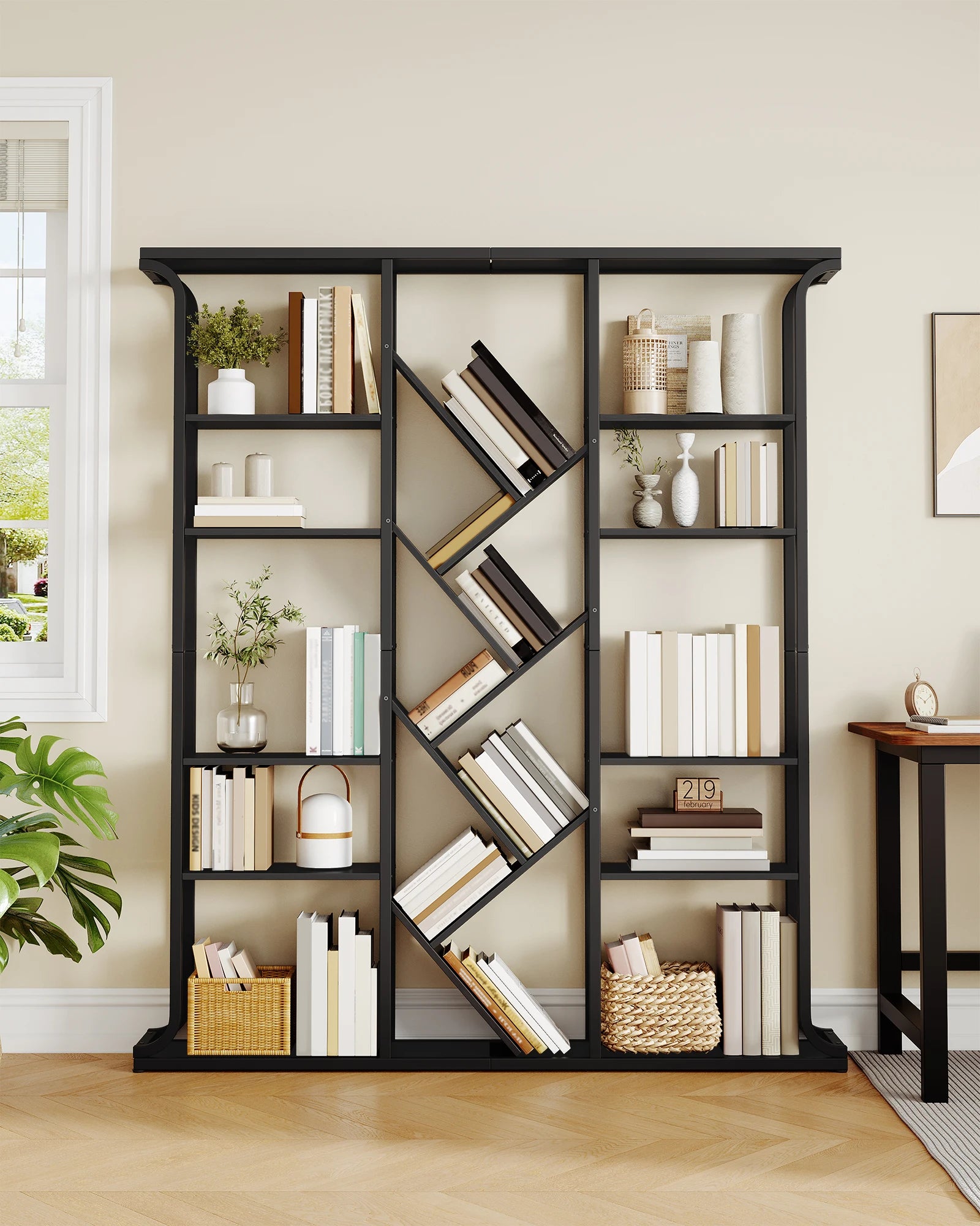 Boomvormige Boekenkast 6 Niveaus – Industriële Open Kast met 17 Vakken – Moderne Houten Boekenkast voor Woonkamer en Kantoor