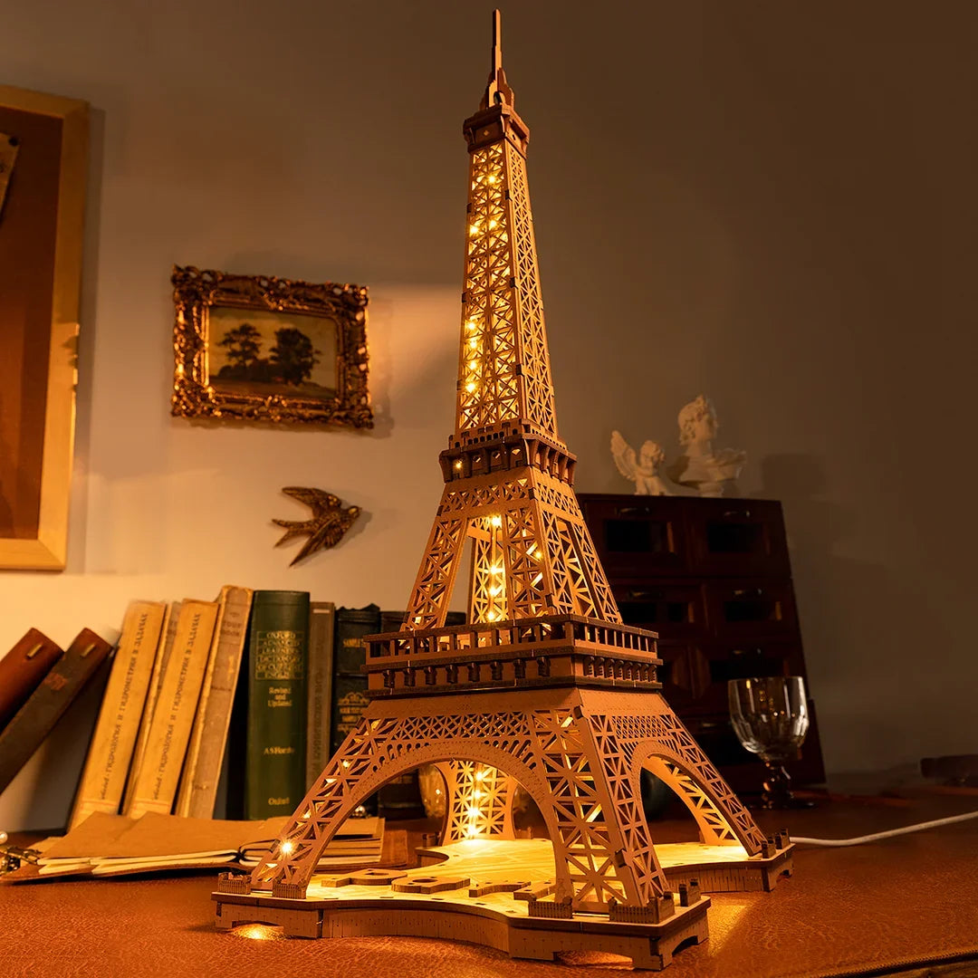 3D Houten Puzzel Eiffeltoren met LED Verlichting – Miniatuur Bouwpakket voor Volwassenen en Tieners – Decoratieve Modelbouw Set