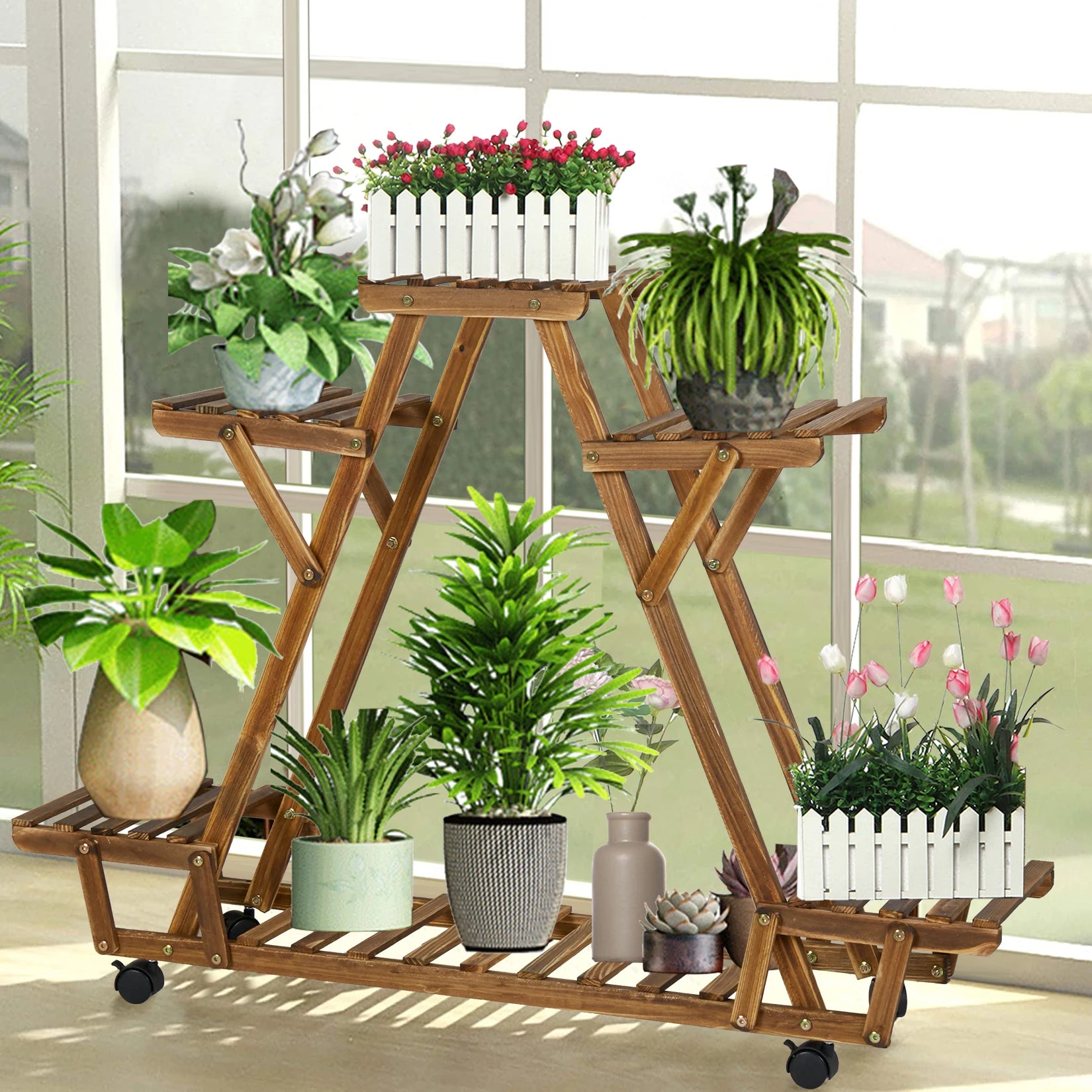 Driehoekig Plantenrek met Wielen – 6 Lagen Houten Bloemenstandaard voor Binnen & Balkon