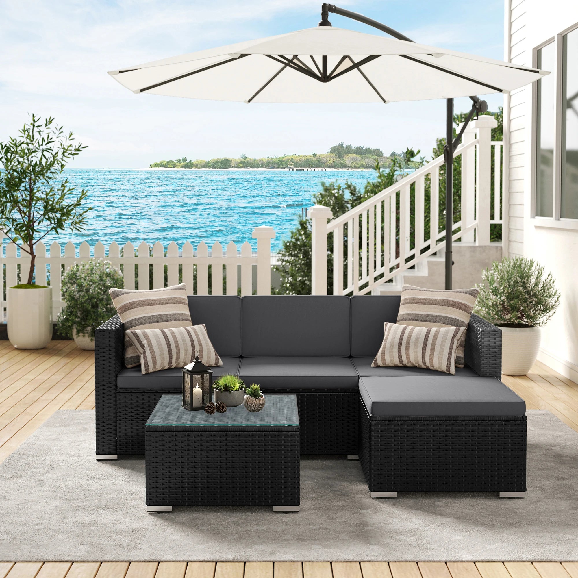 5-Delige Rotan Loungeset met Hoekbank, Voetenbank & Salontafel – Inclusief 7 Kussens – Tuinset voor Terras, Balkon & Tuin
