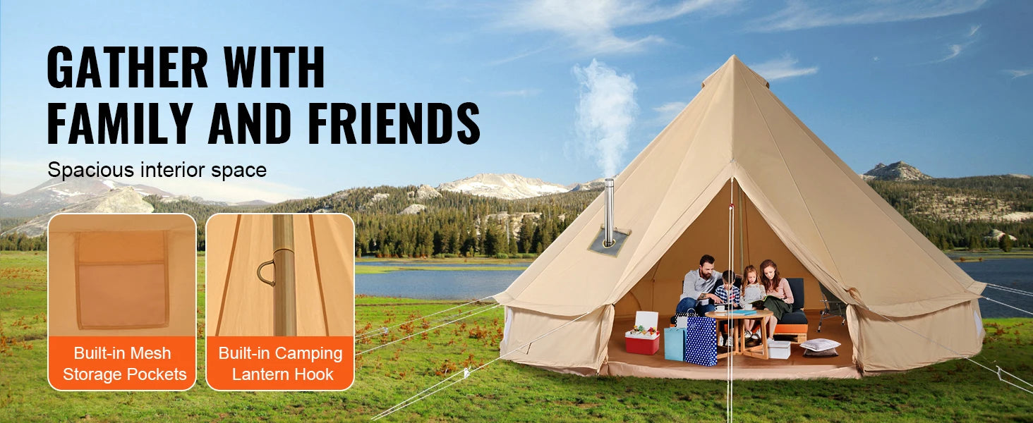 Canvas Bell Tent 5m – 4 Seizoenen Yurt Tent voor 8 Personen met Kachelaansluiting & Waterdicht Grondzeil