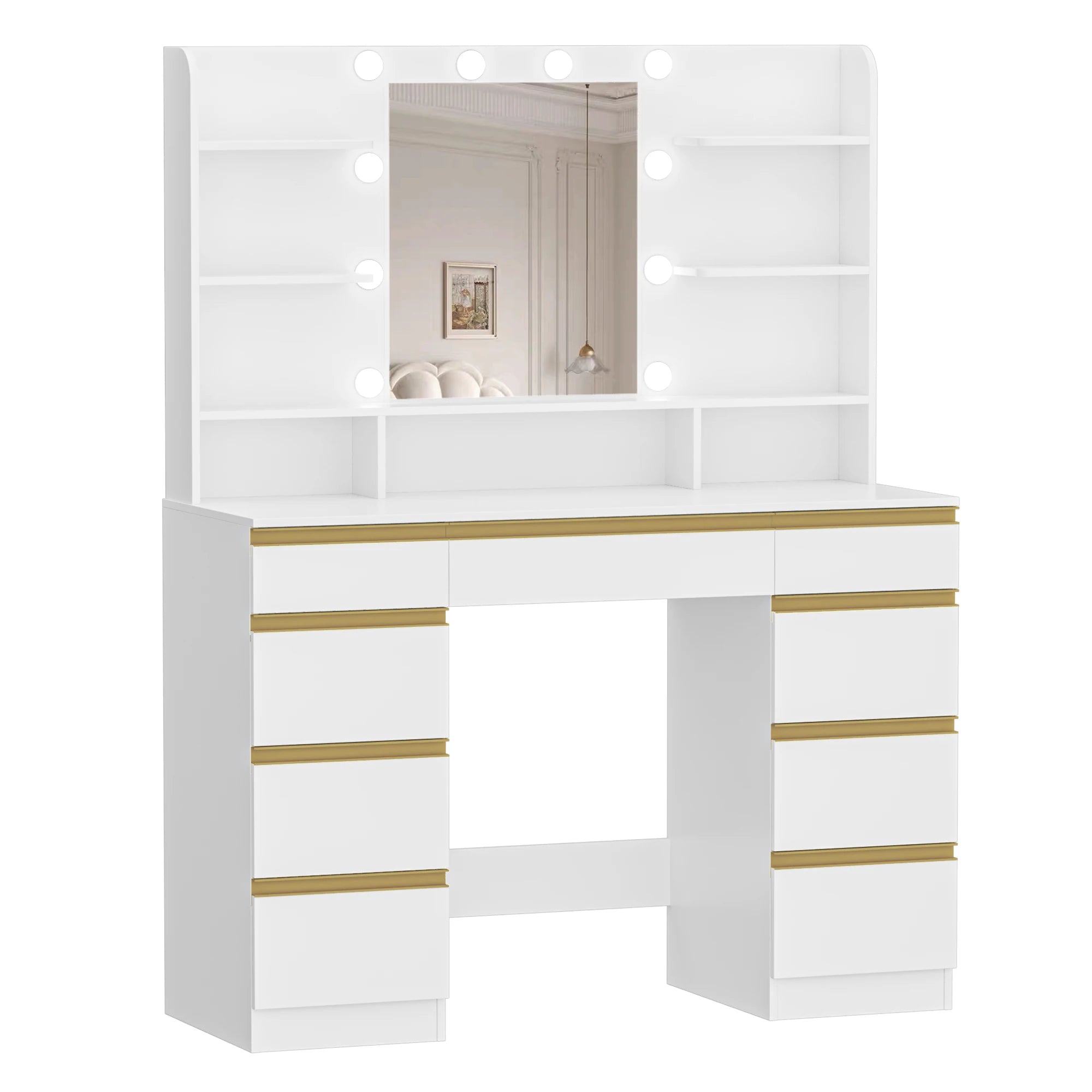 Kaptafel met LED Verlichting en Spiegel – Moderne Make-up Tafel met 10 Lampen, 9 Laden en Opbergruimte – Wit Goud Design