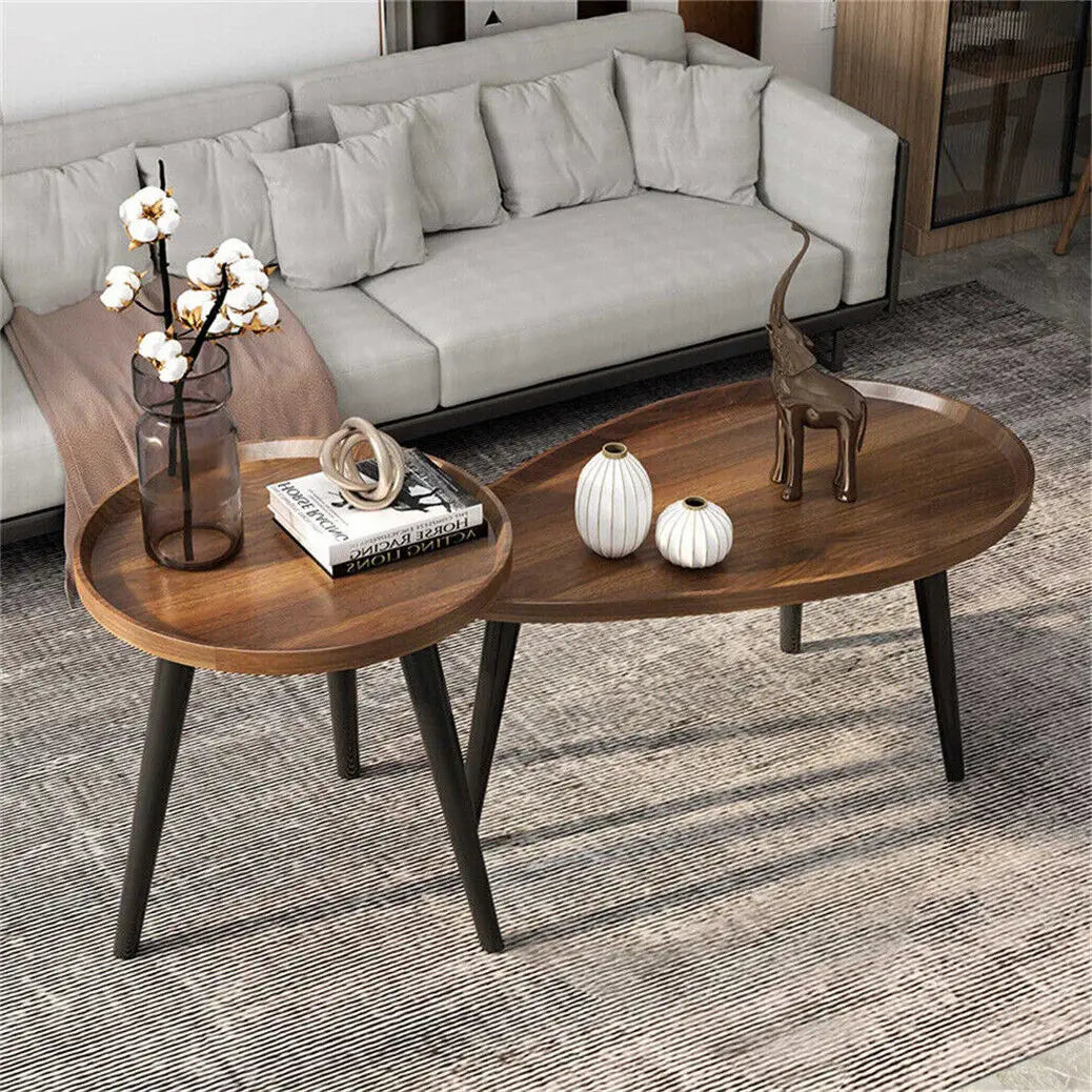 Moderne Set van 2 Ronde Salontafels – Nesting Bijzettafels met Houtlook Blad en Zwarte Metalen Poten – Industriële Salontafel Set