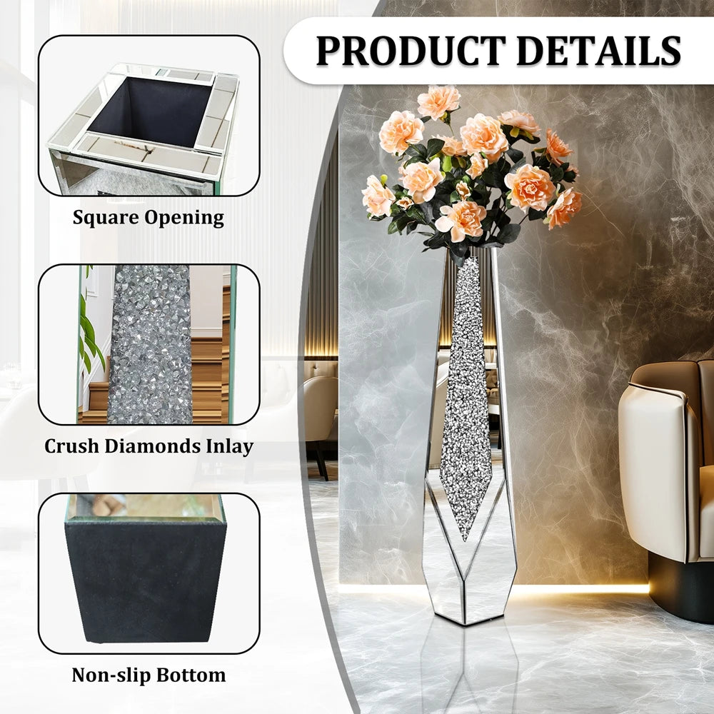 Grote Crushed Diamond Vloervaas – Luxe Spiegel Vaas met Kristal Effect – Moderne Zilveren Bloemenvaas 85 cm