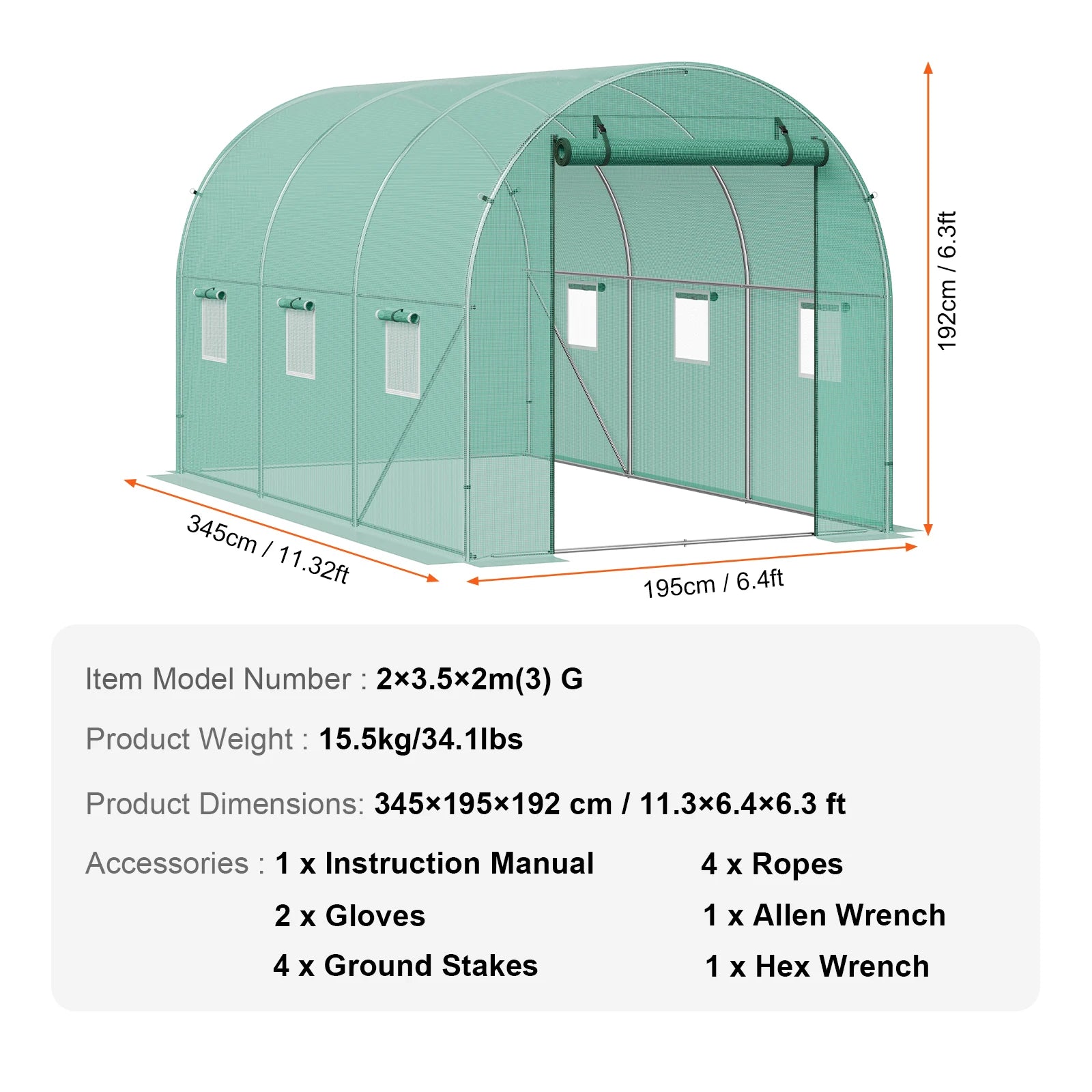 Wandelbare Tunnelkas met Stalen Frame 345×195×192 cm – Grote Inloop Tuinkas met PE Afdekking, Ritsdeur en Ventilatieramen