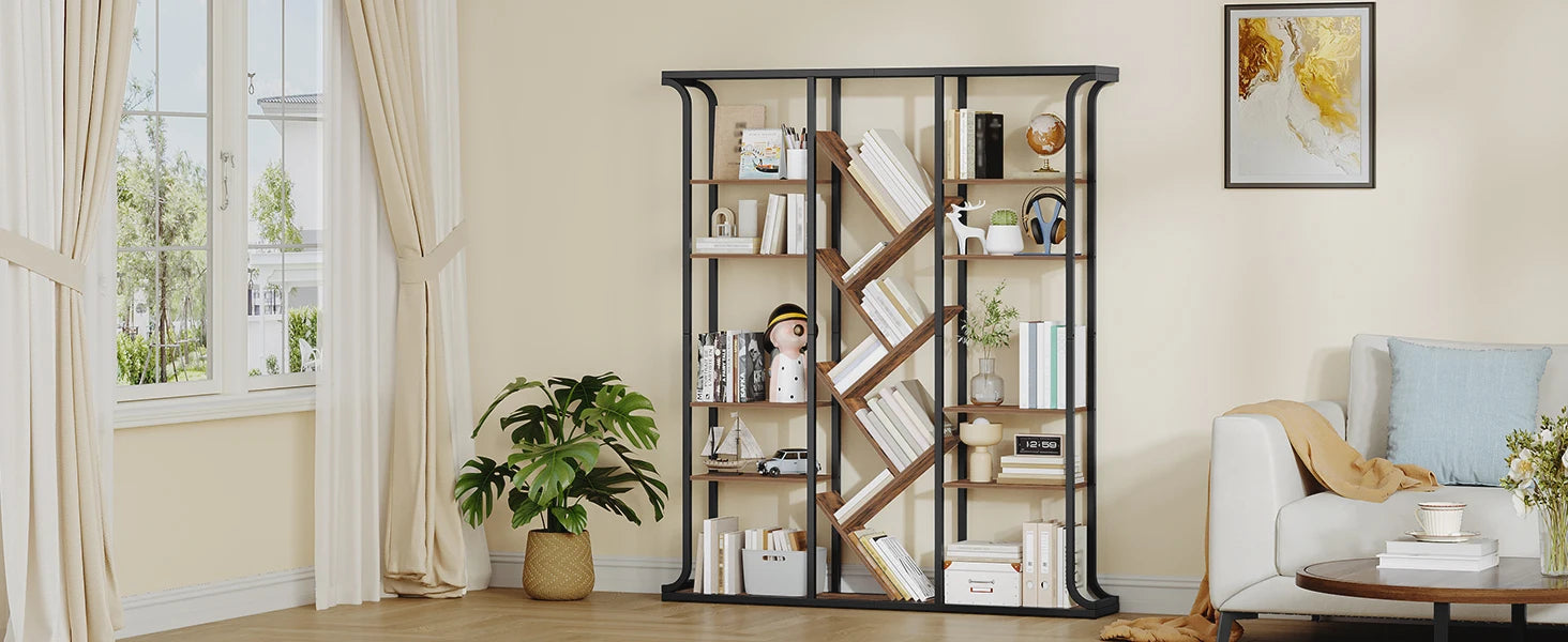 Boomvormige Boekenkast 6 Niveaus – Industriële Open Kast met 17 Vakken – Moderne Houten Boekenkast voor Woonkamer en Kantoor