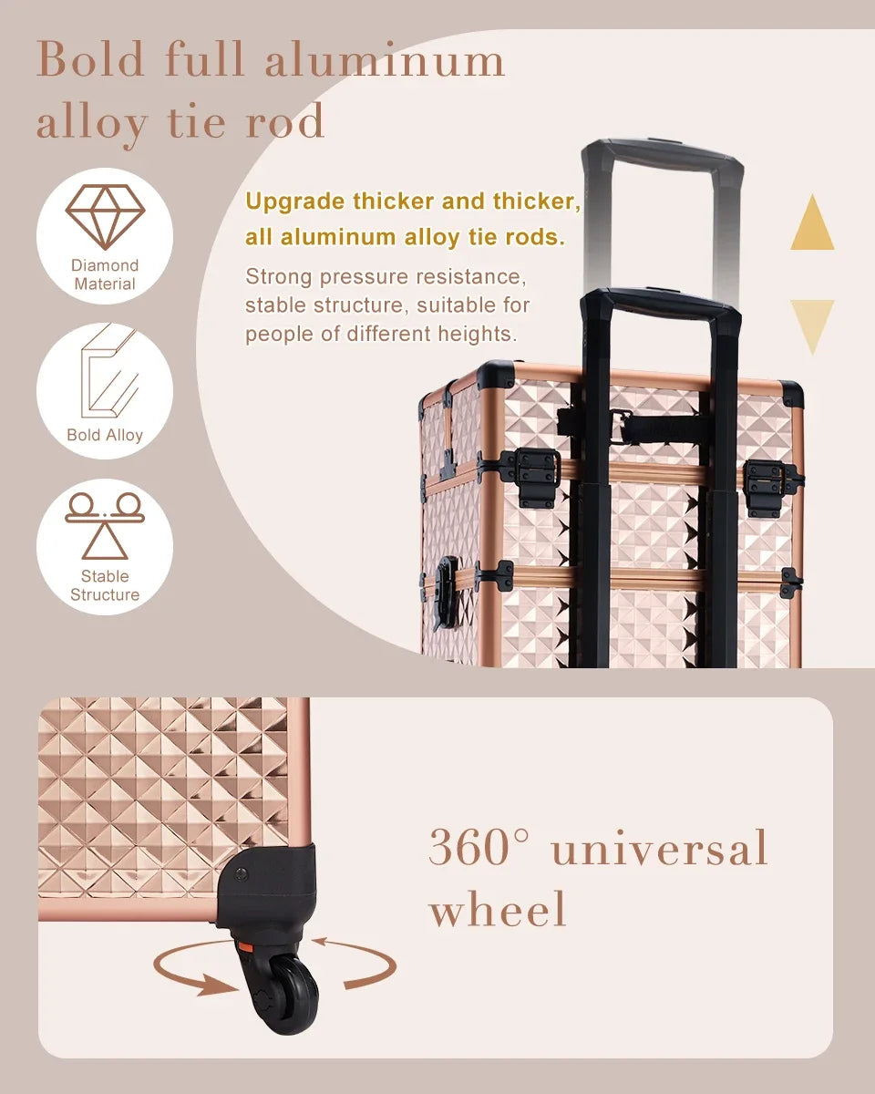 Professionele Make-up Trolley Koffer 4-in-1 – Aluminium Opbergkoffer met Wieltjes en Afneembare Compartimenten – Voor Cosmetica, Nageltools en Reis