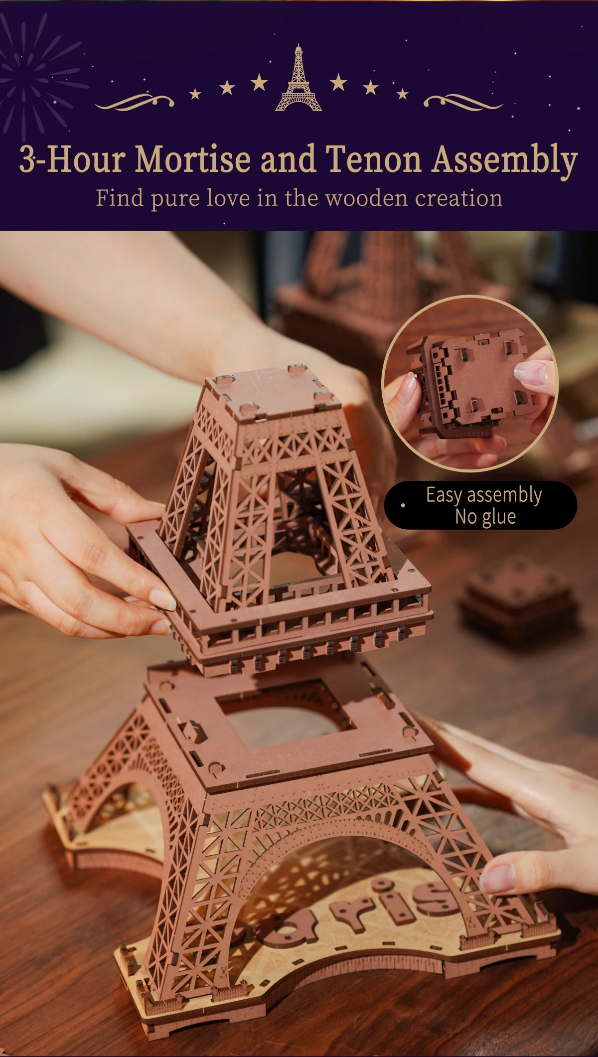 3D Houten Puzzel Eiffeltoren met LED Verlichting – Miniatuur Bouwpakket voor Volwassenen en Tieners – Decoratieve Modelbouw Set