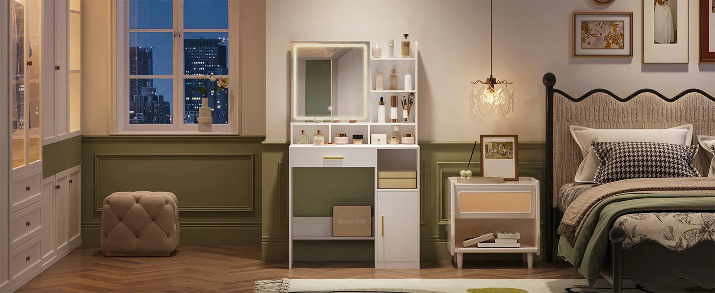 Kaptafel met Spiegel en LED Verlichting – Moderne Make-up Tafel met Lades, Opbergruimte en Kast – Witte Dressing Table met Verstelbaar Licht