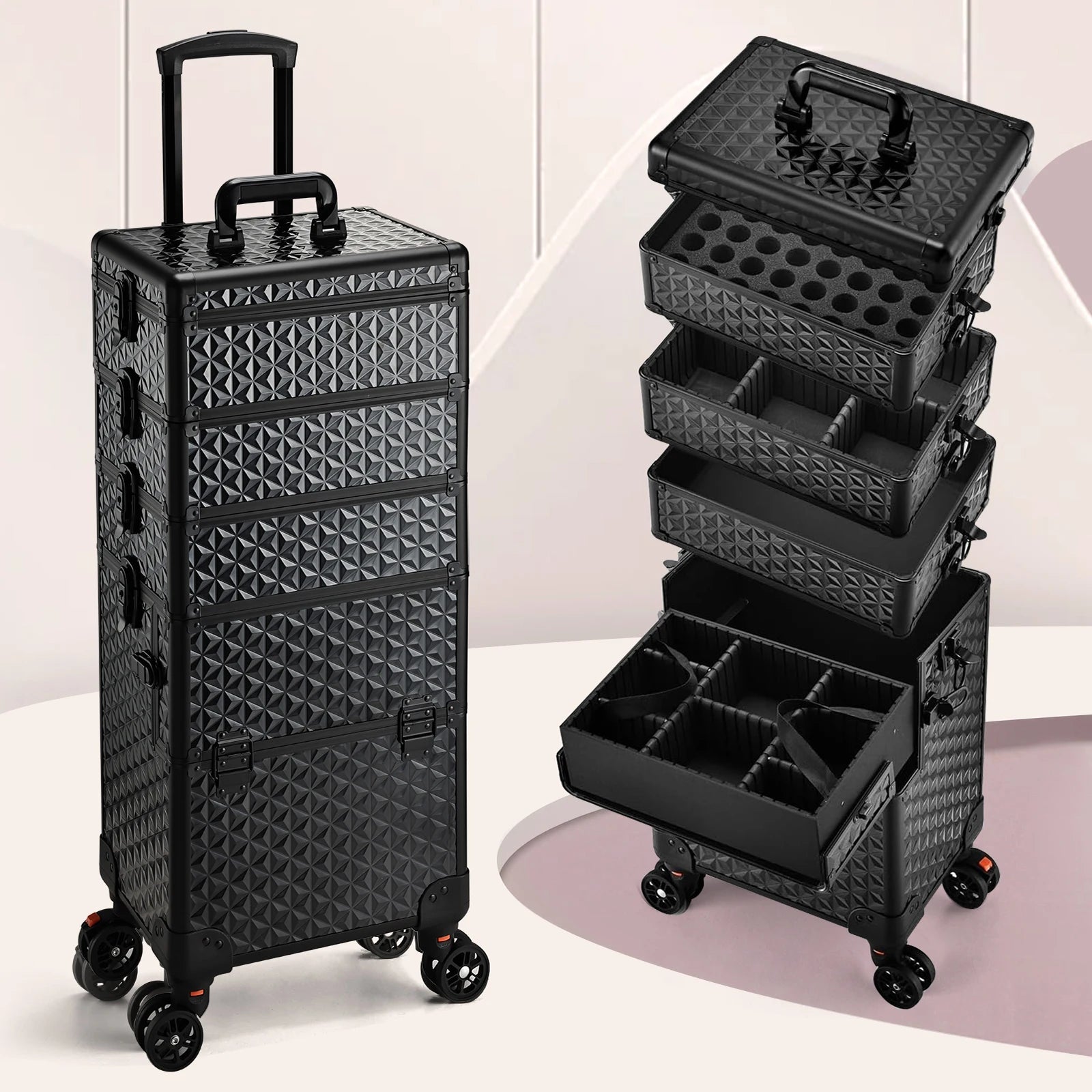Professionele Make-up Trolley Extra Groot – Rollende Cosmetica Koffer met Wielen en Uittrekbare Handgreep – Organizer voor Visagisten en Thuisgebruik