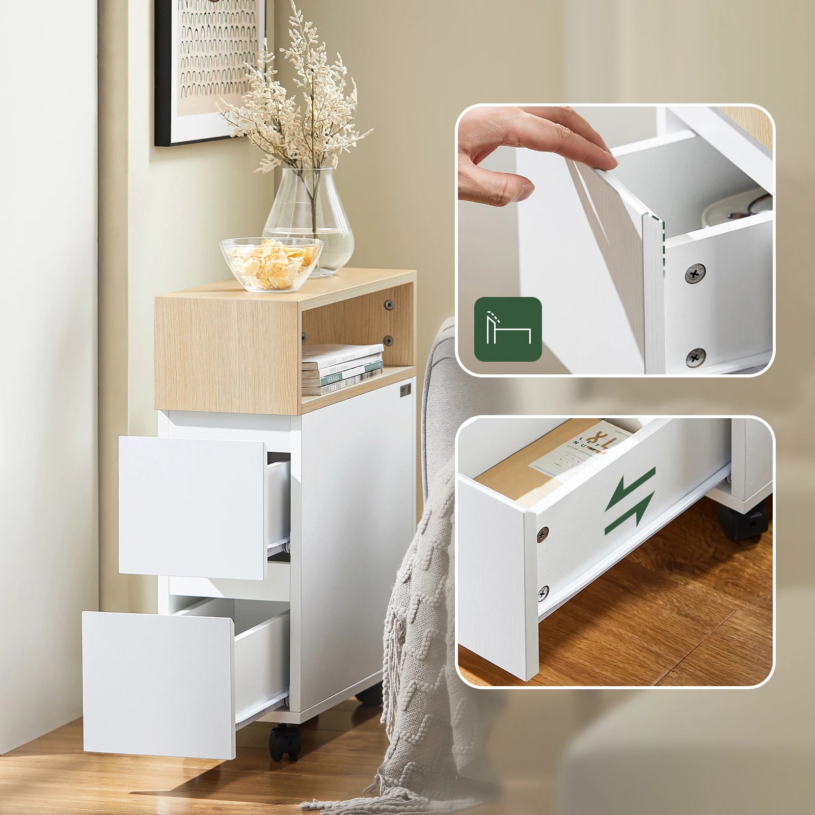 Witte Nachtkast Trolley met Nisplank en Wieltjes – Praktisch Nachtkastje voor Badkamer & Bed