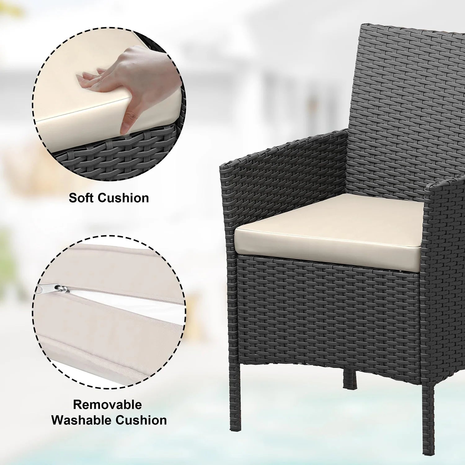 3-Delige Rotan Bistroset met Kussens – 2 Tuinstoelen & Glazen Salontafel – Tuinset voor Tuin, Terras & Veranda