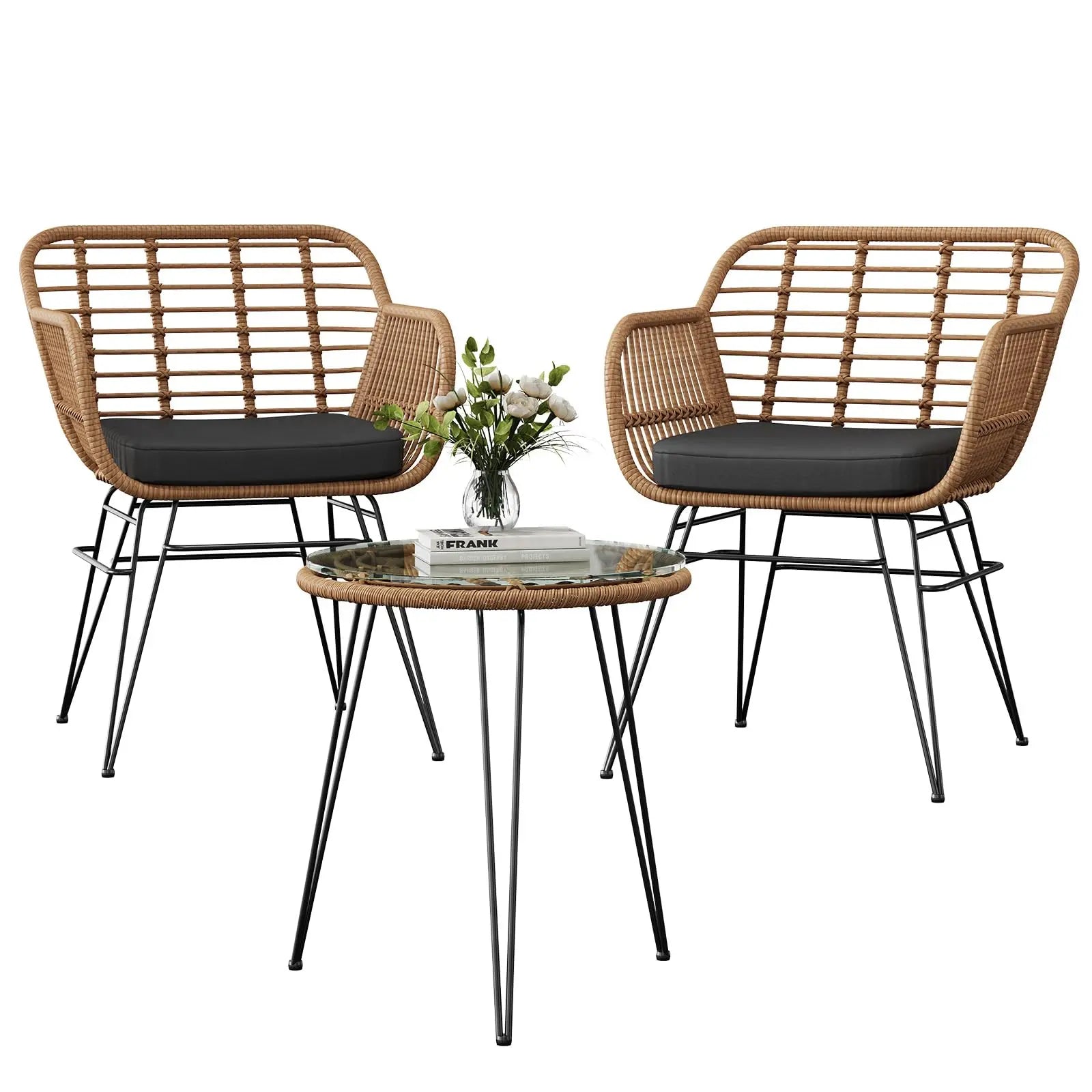 3-Delige Rotan Bistroset met Kussens – 2 Tuinstoelen & Glazen Bijzettafel – Balkonset voor Tuin, Terras & Balkon