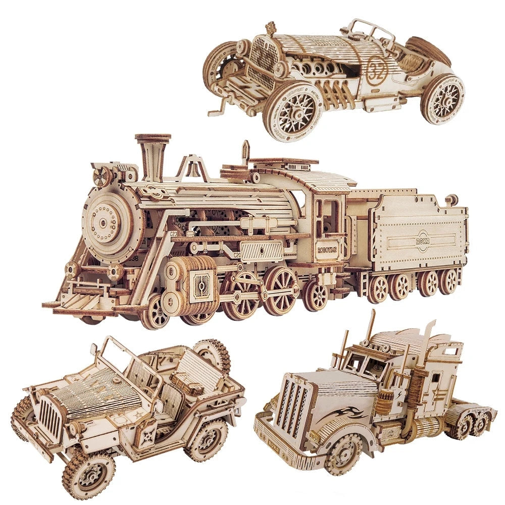 3D Houten Puzzel Model – Stoomtrein, Auto & Jeep – Educatief Bouwpakket DIY voor Kinderen en Volwassenen