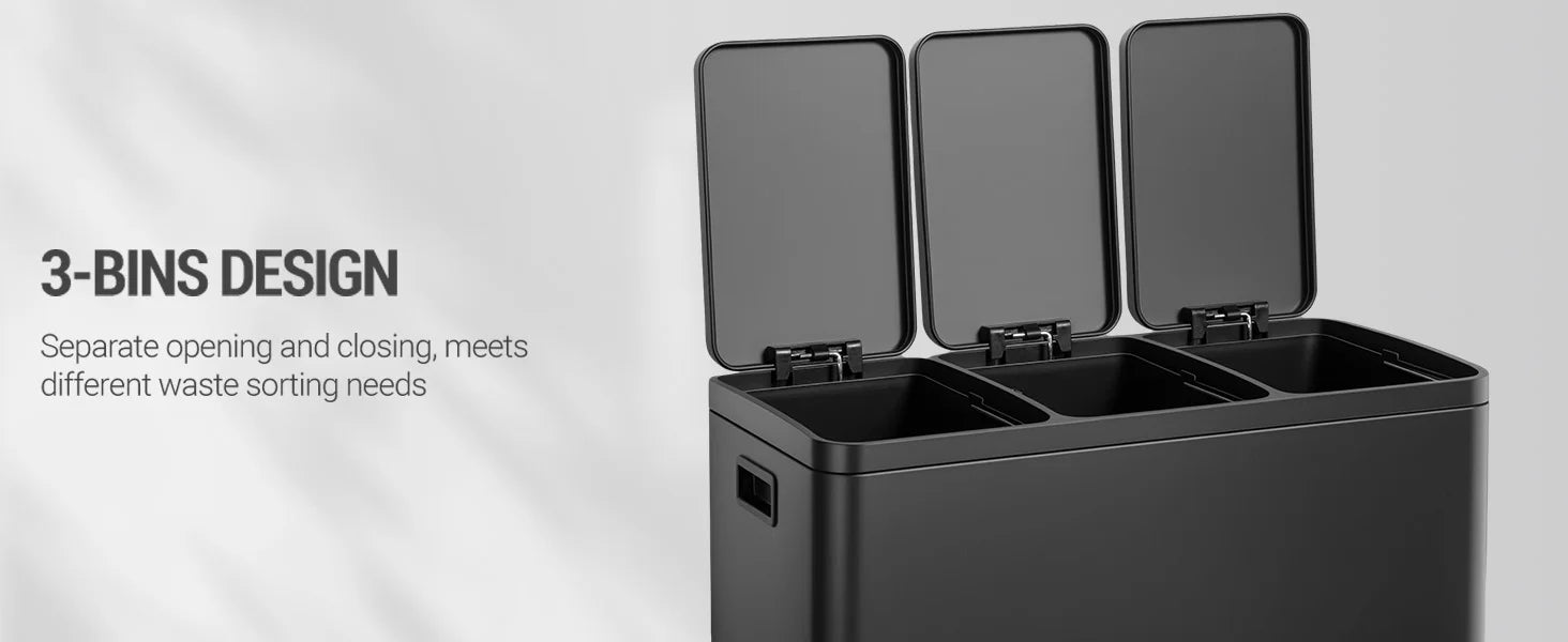 Moderne Keuken Prullenbak 45L – 3 Compartimenten Afvalscheiding – RVS Pedal Bin voor Keuken en Kantoor