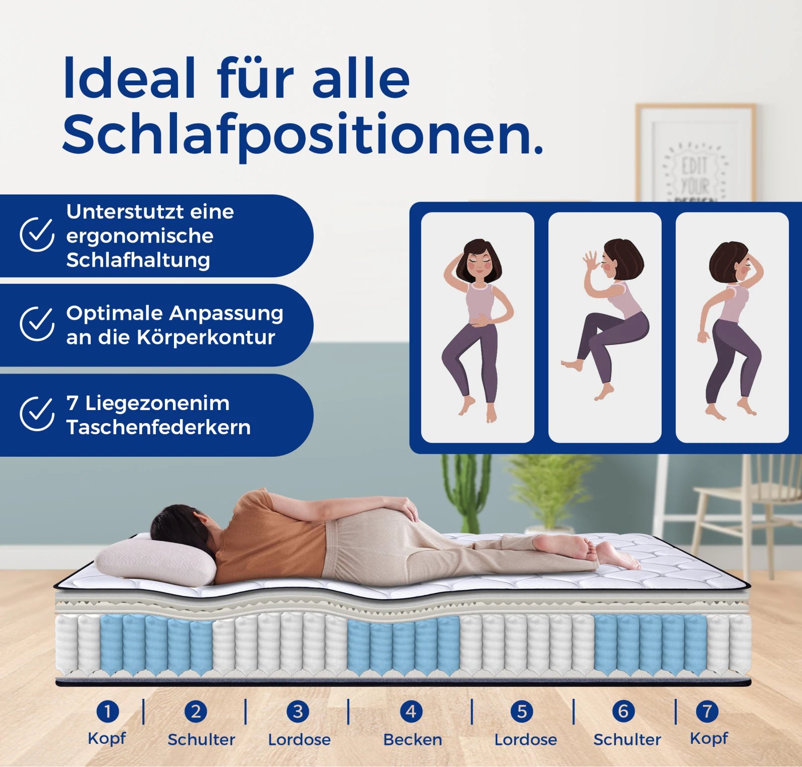 Pocketveringmatras 90x200 cm – 7‑zones H3 – Ergonomische ondersteuning & comfort