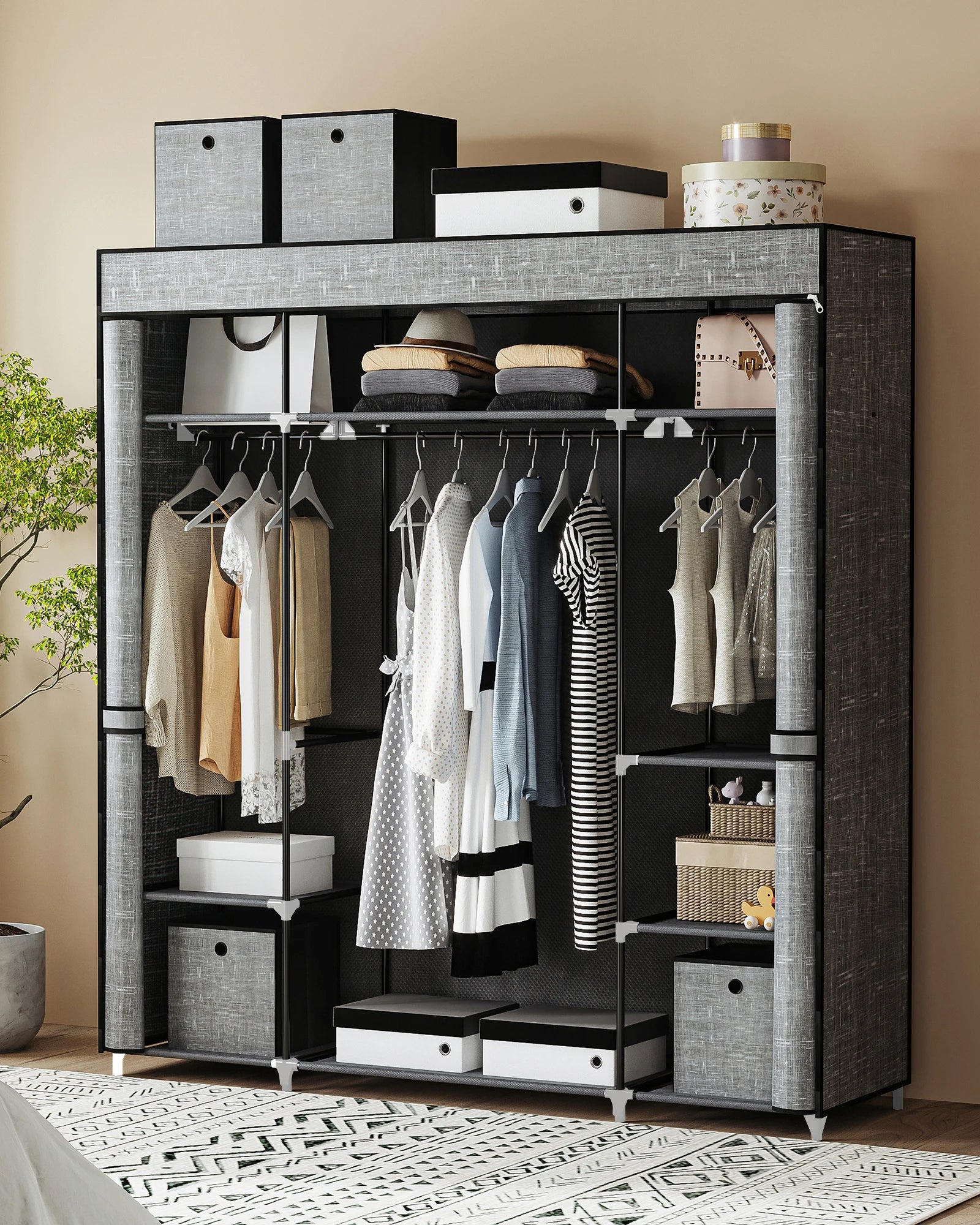 Opvouwbare Kledingkast met Stof – 162x43x175 cm – Draagbare Garderobekast met 3 Hangroedes en 9 Opbergvakken – Zwarte Stoffen Kast voor Slaapkamer