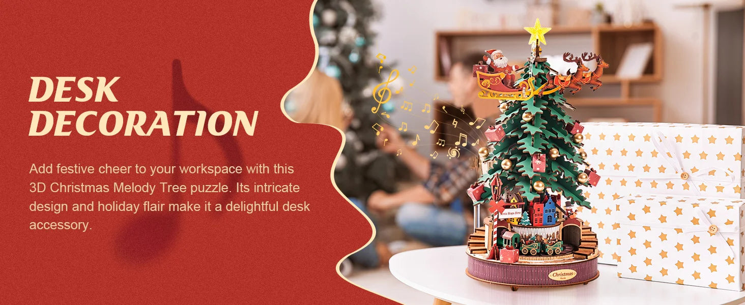 3D Houten Kerstboom Muziekdoos met Licht – DIY Kerstpuzzel met Kerstmelodieën – Decoratieve Kerst Muziekdoos voor Tafeldecoratie en Cadeau