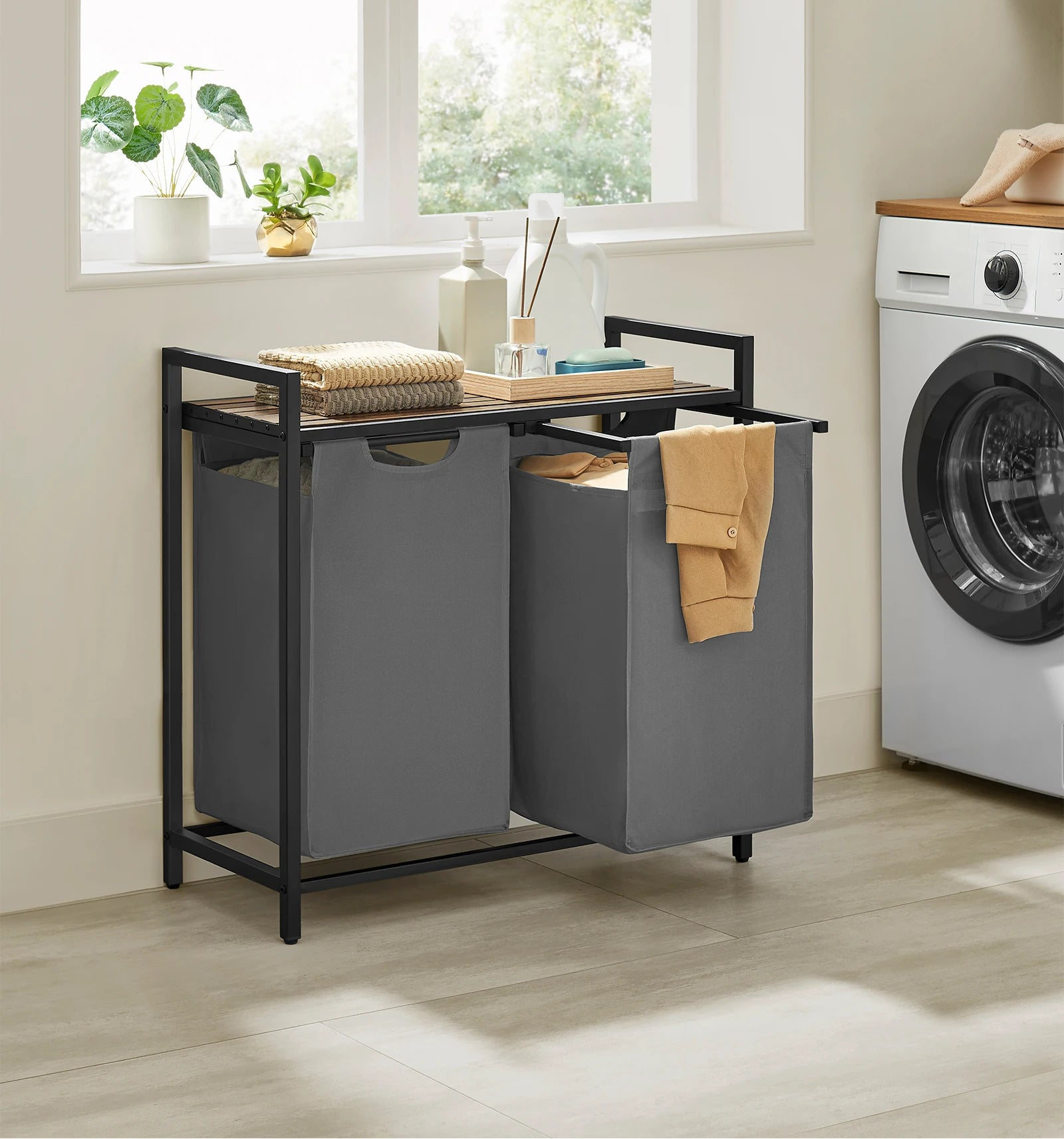 Grote Dubbele Wasmand met 2 Vakjes - 92 L - Stevig Frame & Afneembare Waszakken