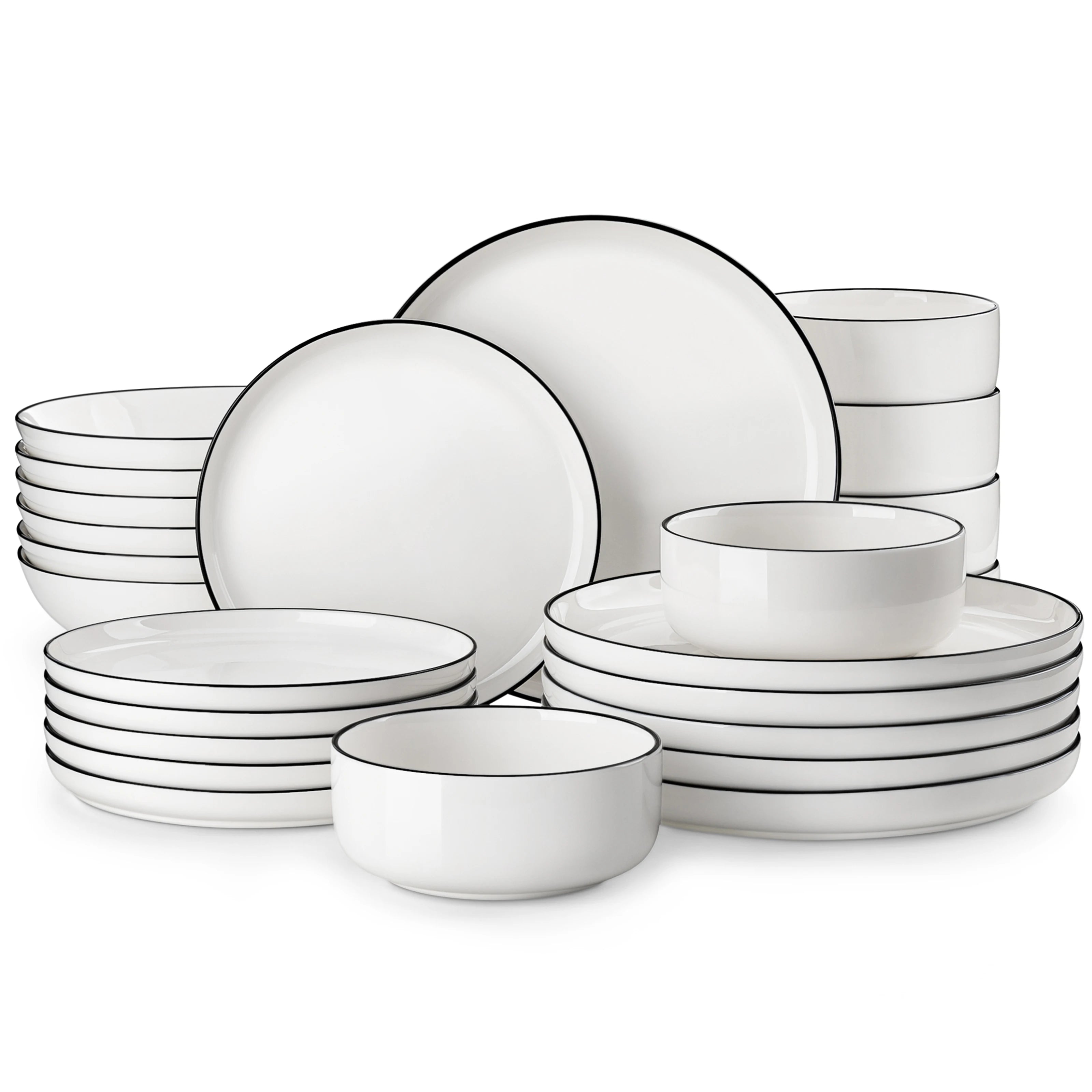 Serviesset 24/48-delig – Porseleinen Borden & Schalen met Zwarte Rand – Luxe Servies Set voor 6/12 Personen