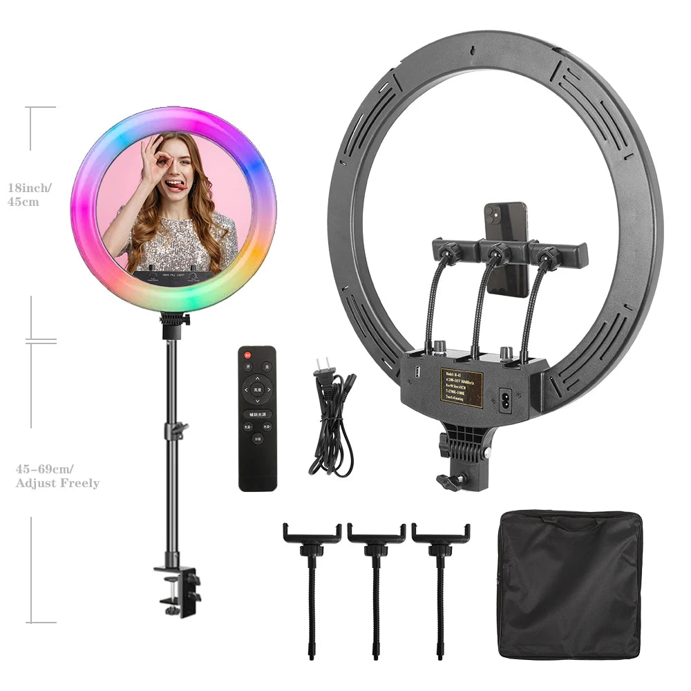 Dimbare 18 Inch RGB Selfie Ringlamp met Tripod en Telefoonhouder – Make-up, YouTube en Fotografie Studio Verlichting
