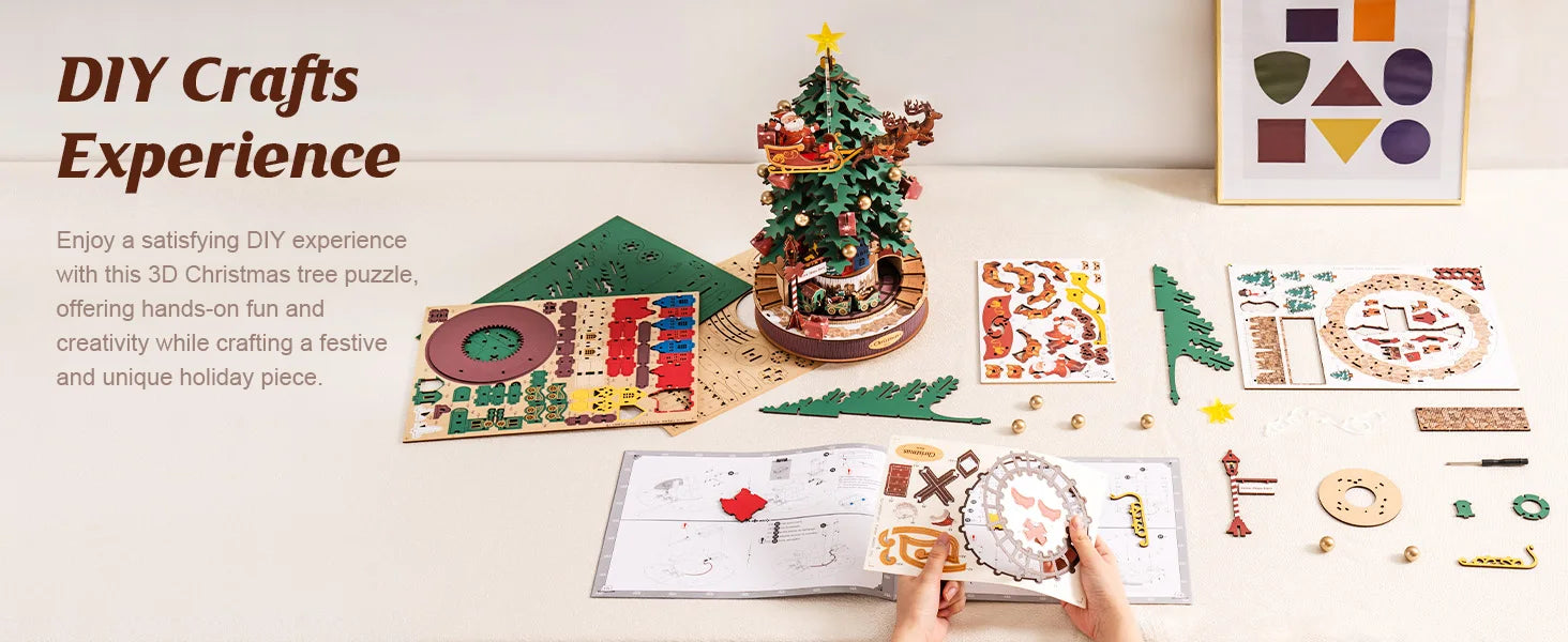 3D Houten Kerstboom Muziekdoos met Licht – DIY Kerstpuzzel met Kerstmelodieën – Decoratieve Kerst Muziekdoos voor Tafeldecoratie en Cadeau
