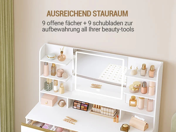 Kaptafel met LED Verlichting en Spiegel – 9 Laden & 9 Opbergvakken – Moderne Make-up Tafel met Verstelbare Verlichting – Wit Goud