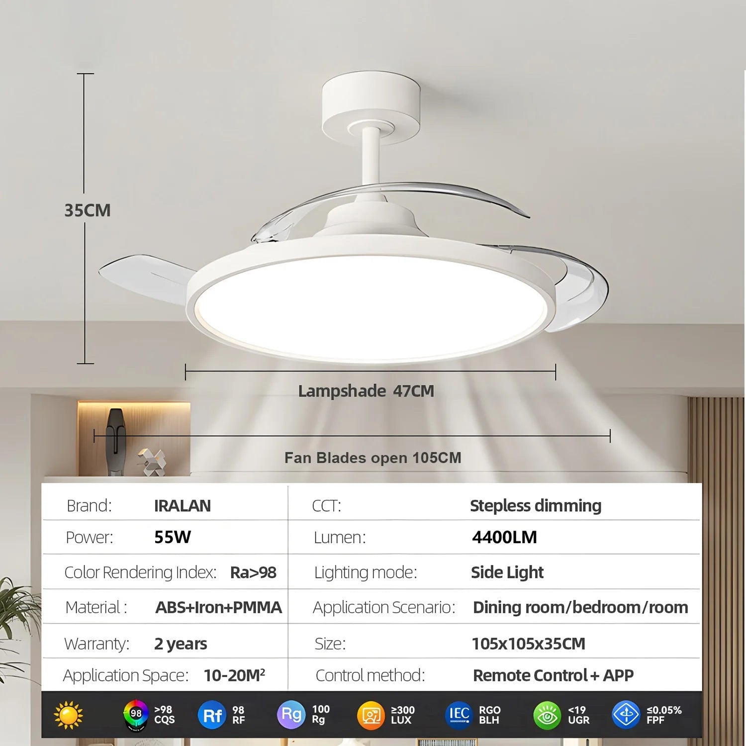 Plafondventilator met Lamp en Uitschuifbare Bladen – Slimme LED Plafondlamp met Afstandsbediening & App