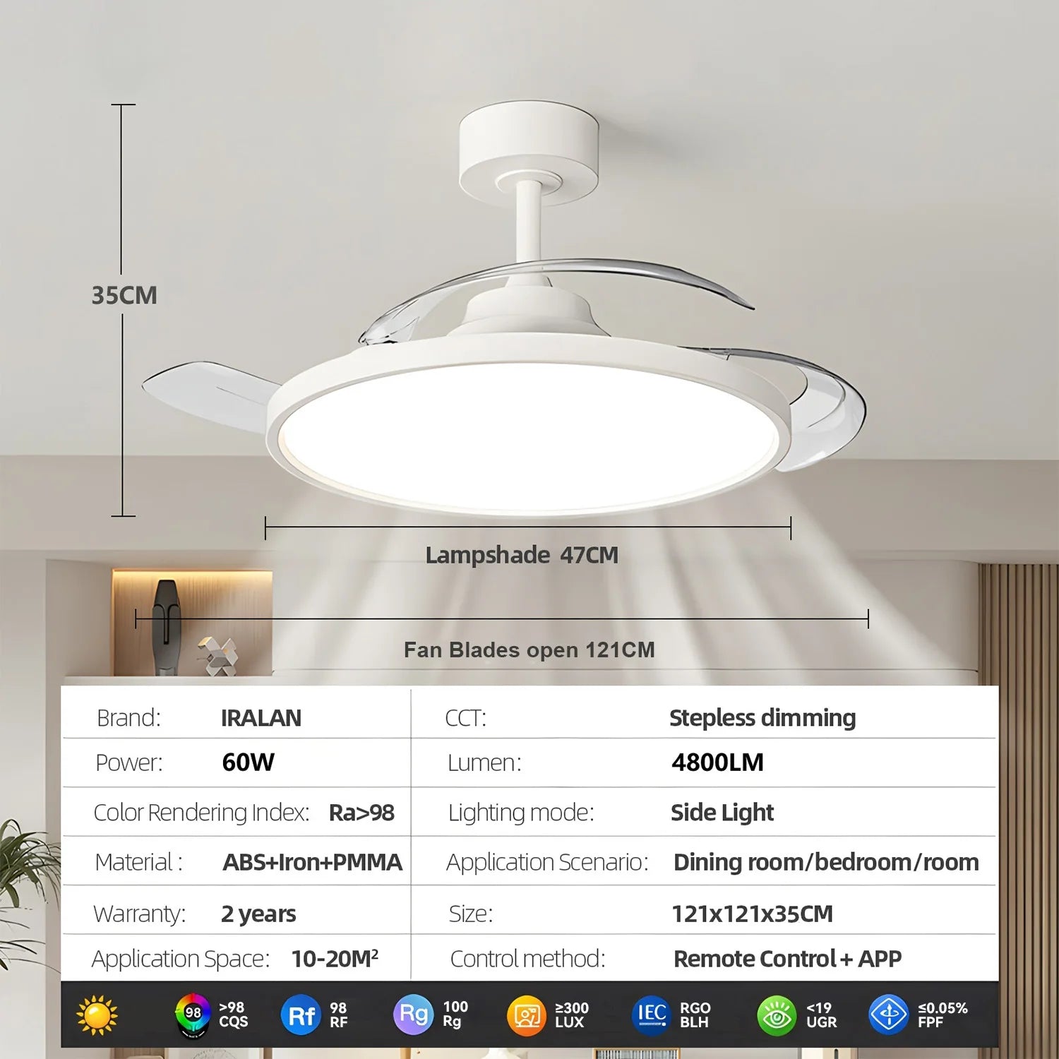 Plafondventilator met Lamp en Uitschuifbare Bladen – Slimme LED Plafondlamp met Afstandsbediening & App