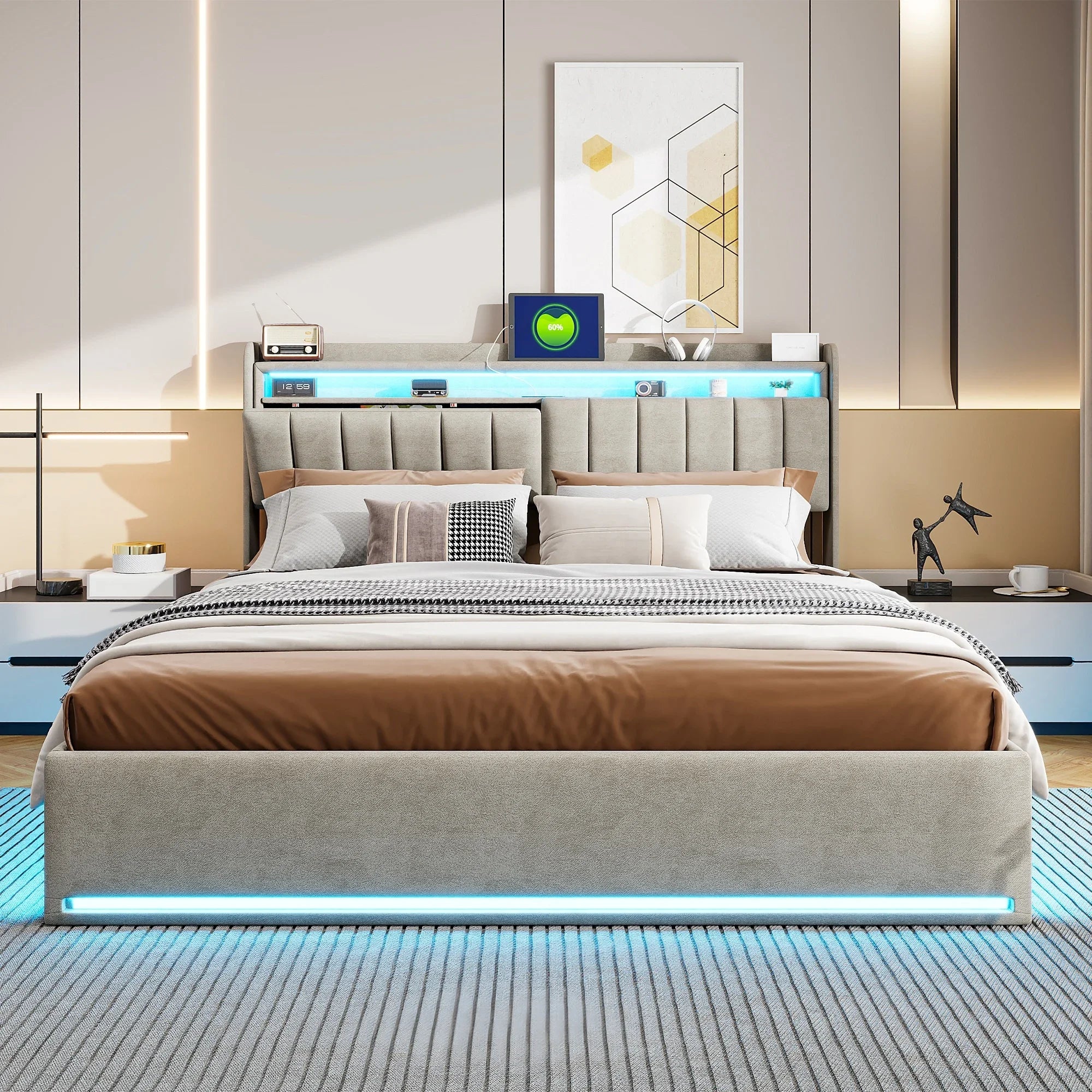 Tweepersoonsbed met geïntegreerde LED‑verlichting, USB‑oplaadfuncties en opbergruimte – Modern en functioneel bedframe