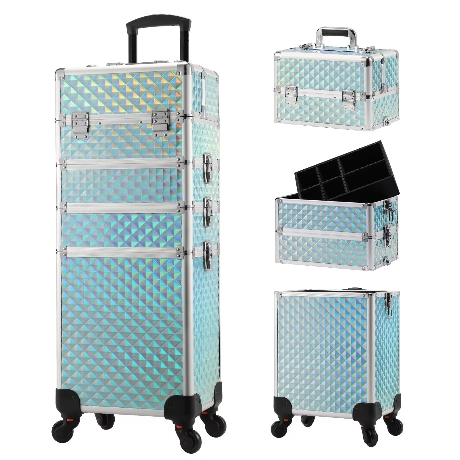 Professionele Make-up Trolley Koffer 4-in-1 – Aluminium Opbergkoffer met Wieltjes en Afneembare Compartimenten – Voor Cosmetica, Nageltools en Reis