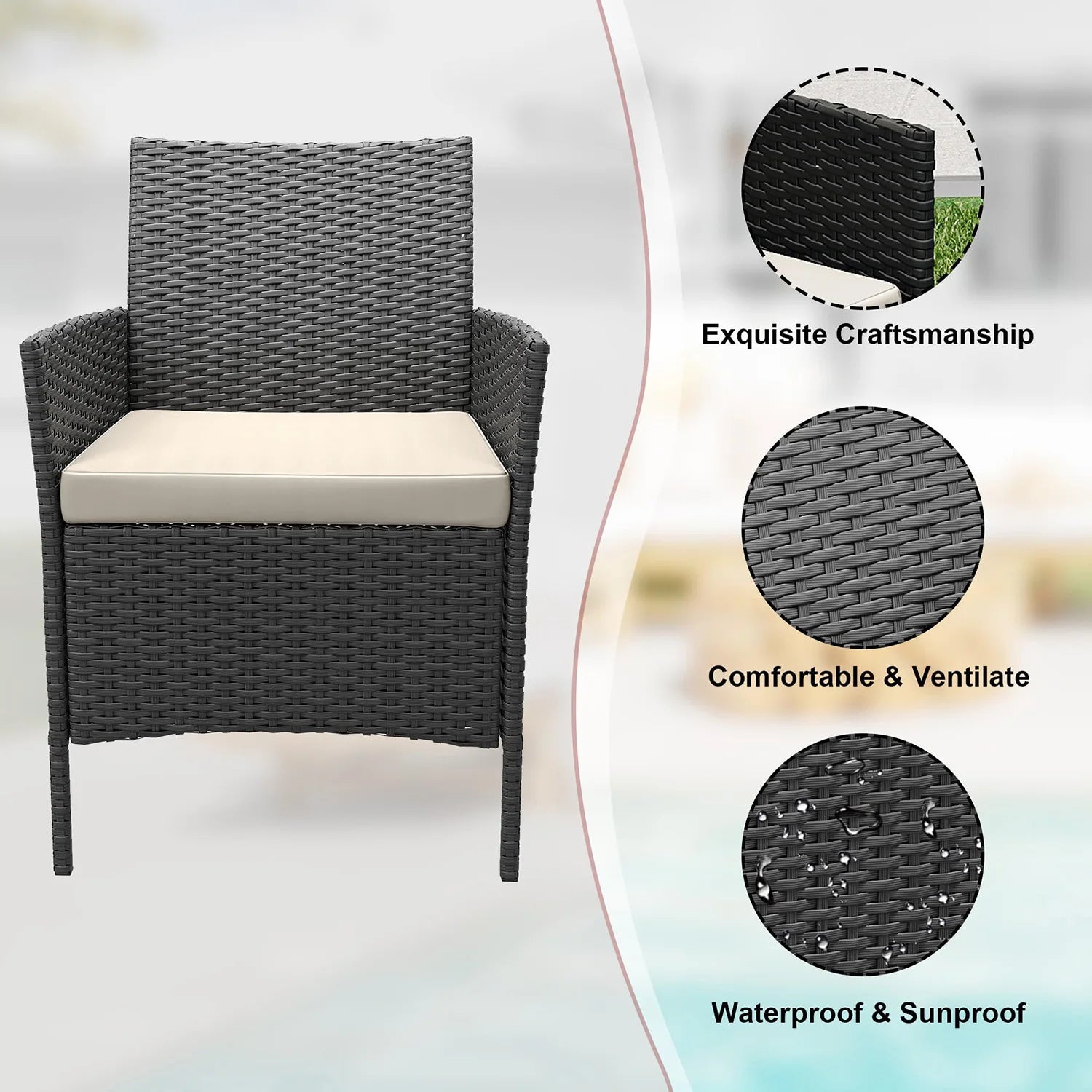 3-Delige Rotan Bistroset met Kussens – 2 Tuinstoelen & Glazen Salontafel – Tuinset voor Tuin, Terras & Veranda