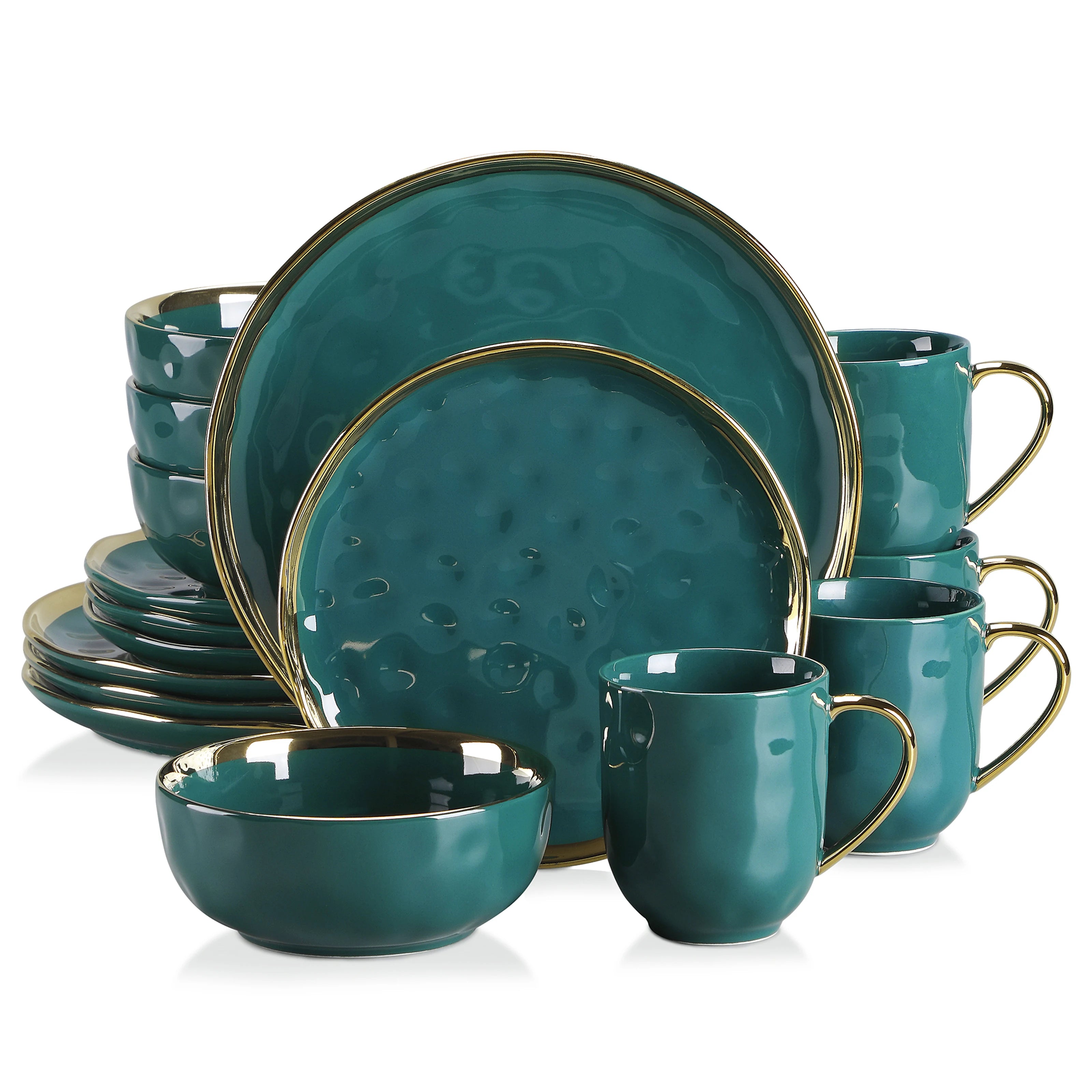 Servies Set 16-Delig Groen Porselein met Gouden Rand – Luxe Keramisch Servies voor 4 Personen