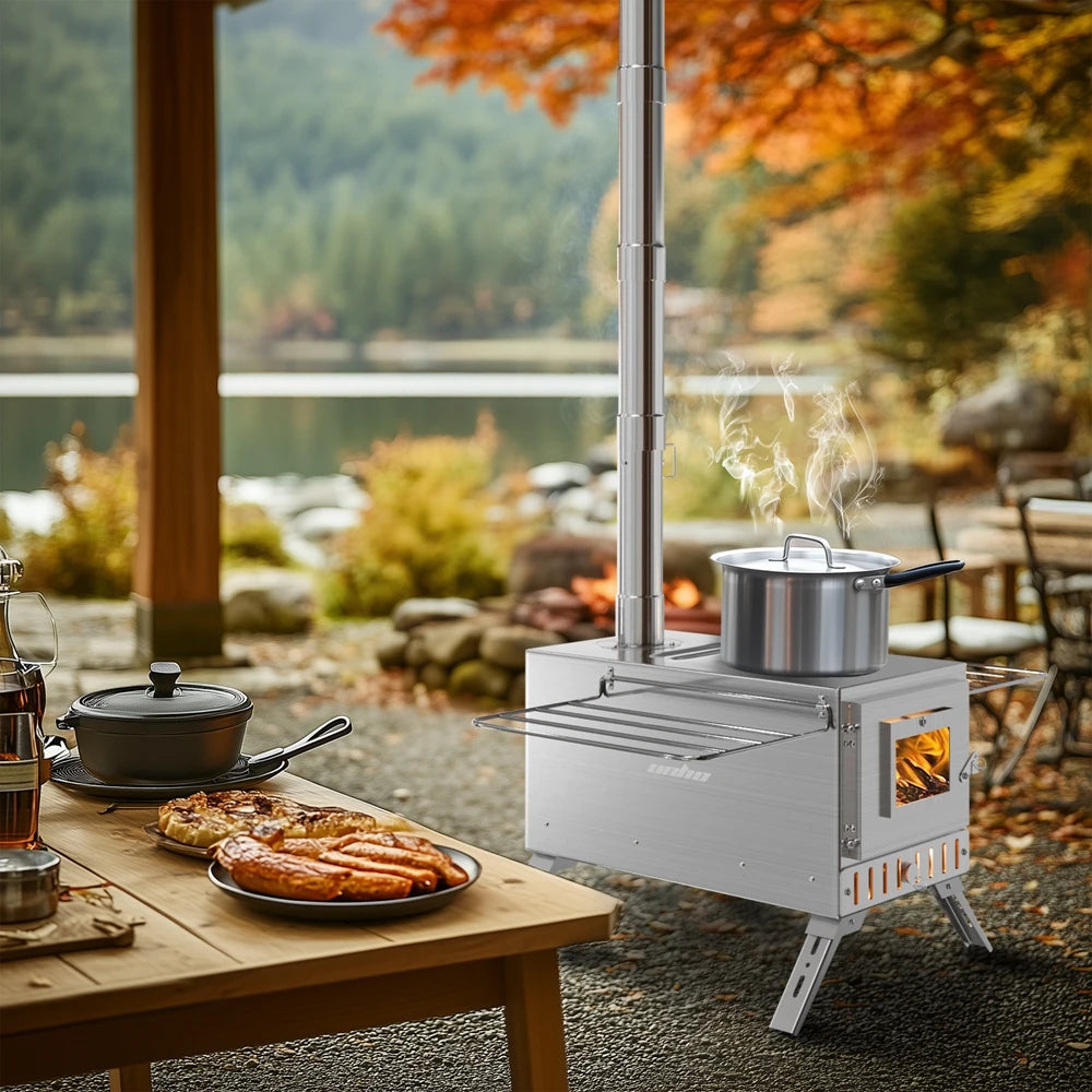 Draagbare RVS Camping Houtkachel met Schoorsteen – Tentkachel voor Kamperen, Backpacken & Outdoor Koken