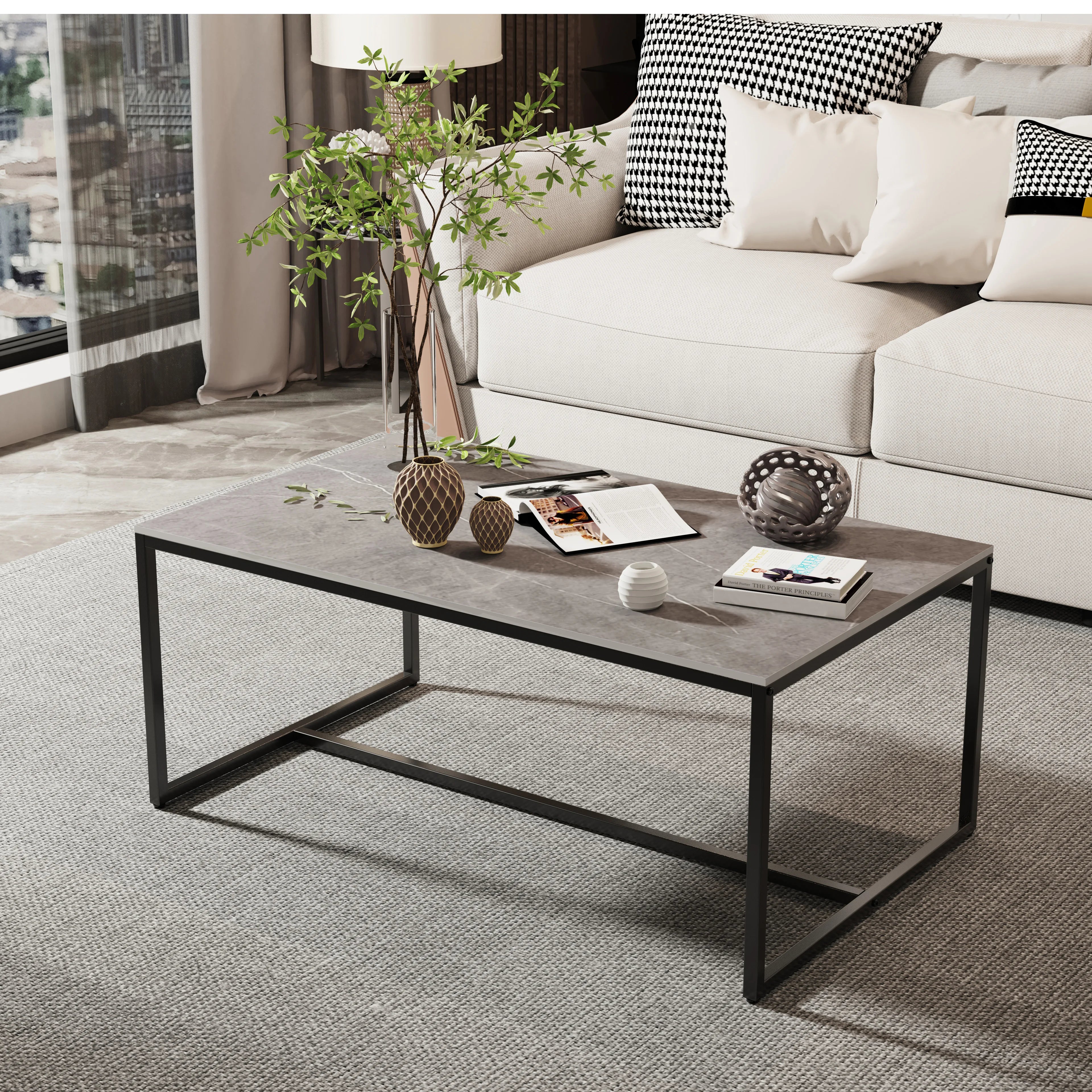 Salontafel van Gesinterd Steen – Moderne Rechthoekige Tafel met Zwart Metalen Frame – Grijs Tafelblad – Luxe & Duurzaam Design