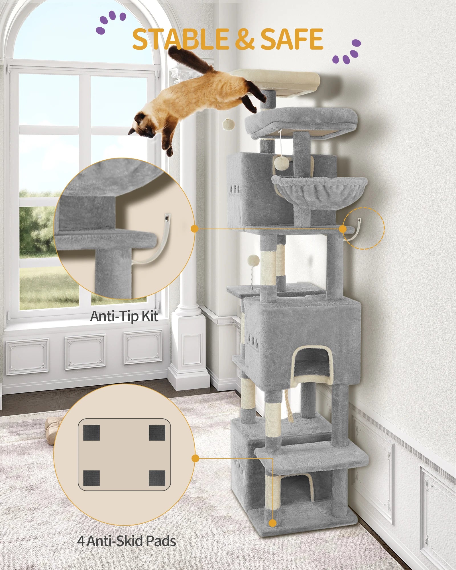 XXL Kattenboom 193 cm – Grote Krabpaal met 7 Niveaus, 3 Kattenhuizen, Platforms & Sisal Krabpalen voor Meerdere Katten