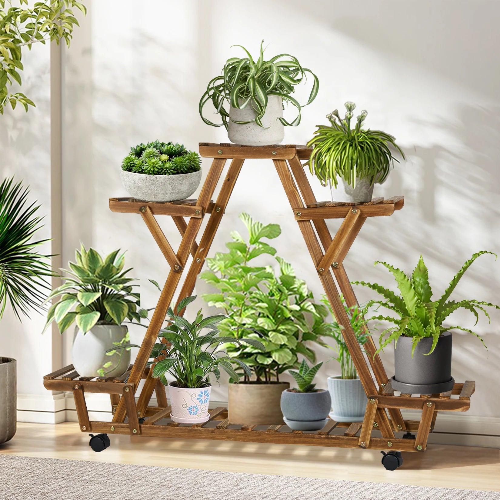 Driehoekig Plantenrek met Wielen – 6 Lagen Houten Bloemenstandaard voor Binnen & Balkon