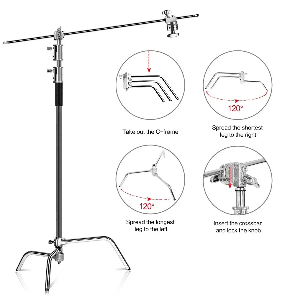 Heavy Duty C-Stand Lichtstatief 2,6M / 3,3M – RVS Fotografie Statief voor Studio, Camera, Softbox en LED Lamp