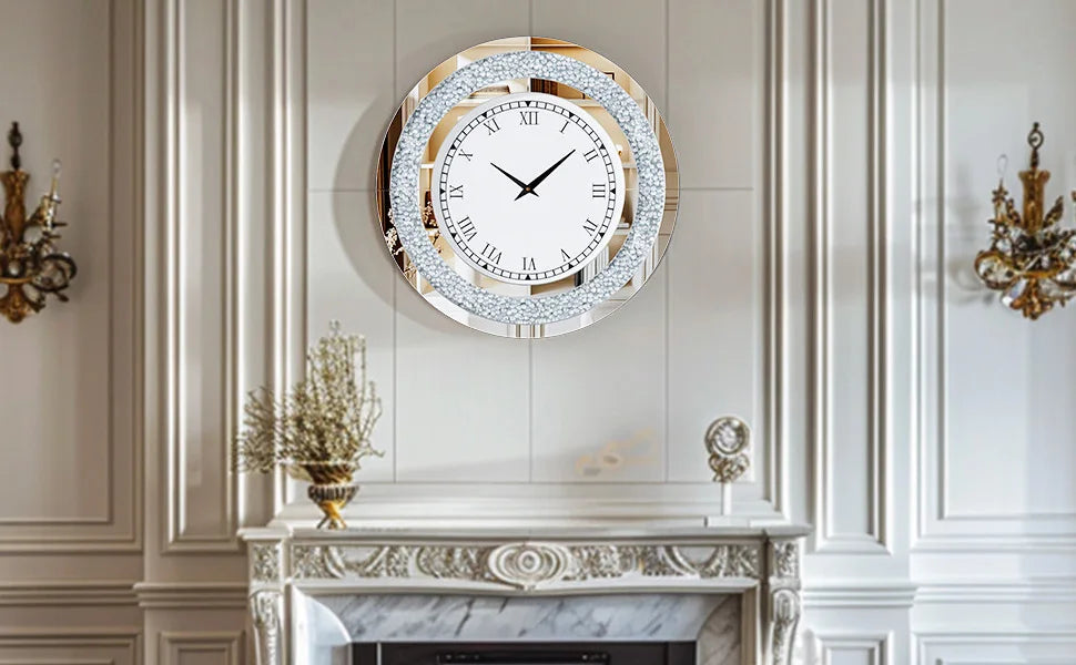 Ronde Zilveren Spiegelklok 60 cm – Luxe Wandklok met Romeinse Cijfers & Crushed Diamant Design