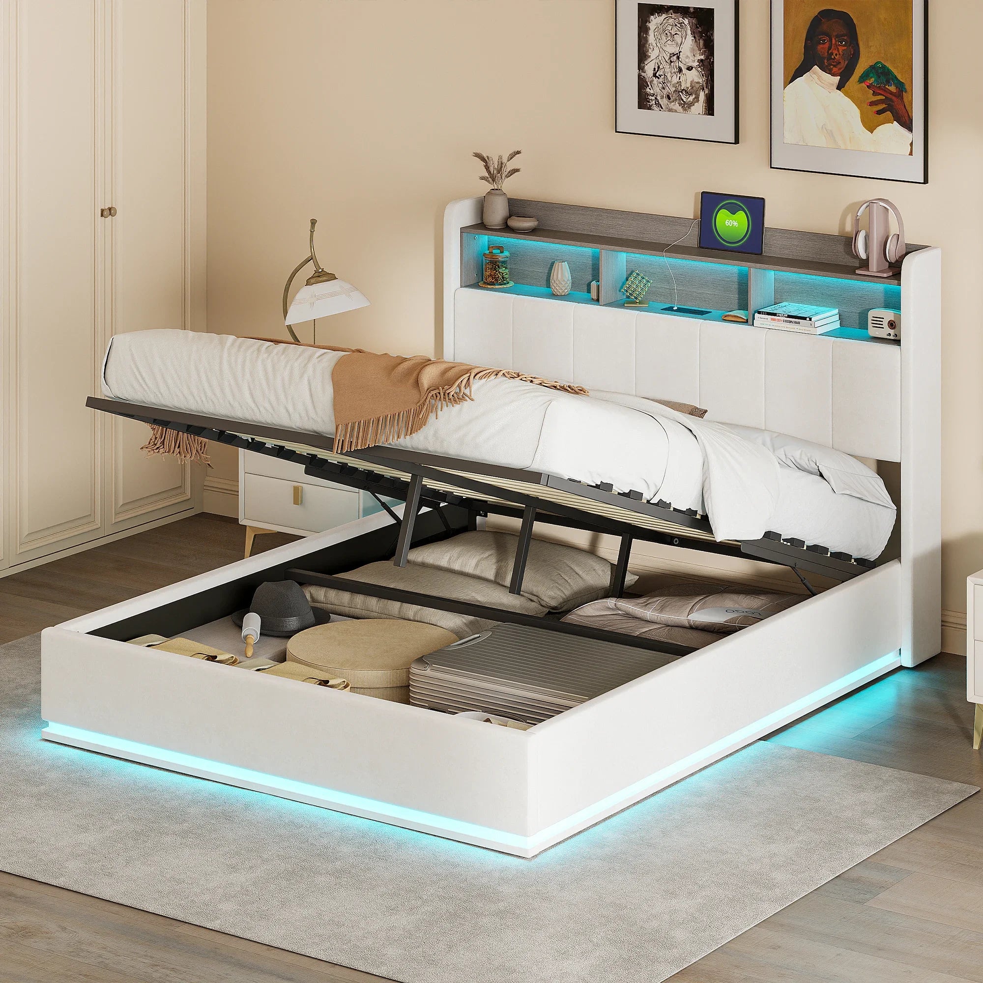 Gestoffeerd bed 140x200 cm met LED verlichting en opbergruimte