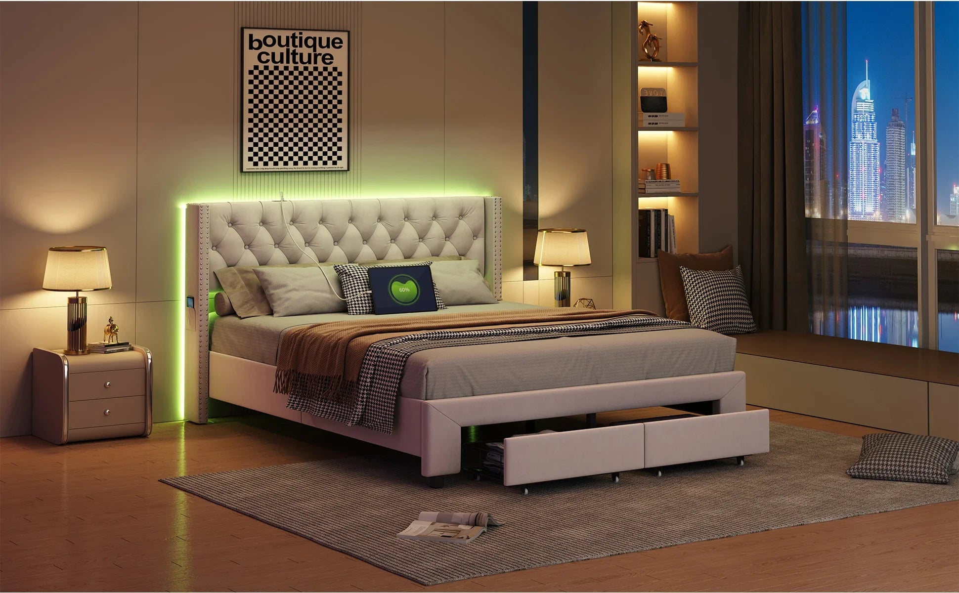 Fluwelen tweepersoonsbed met LED-verlichting, USB-poort en opberglades