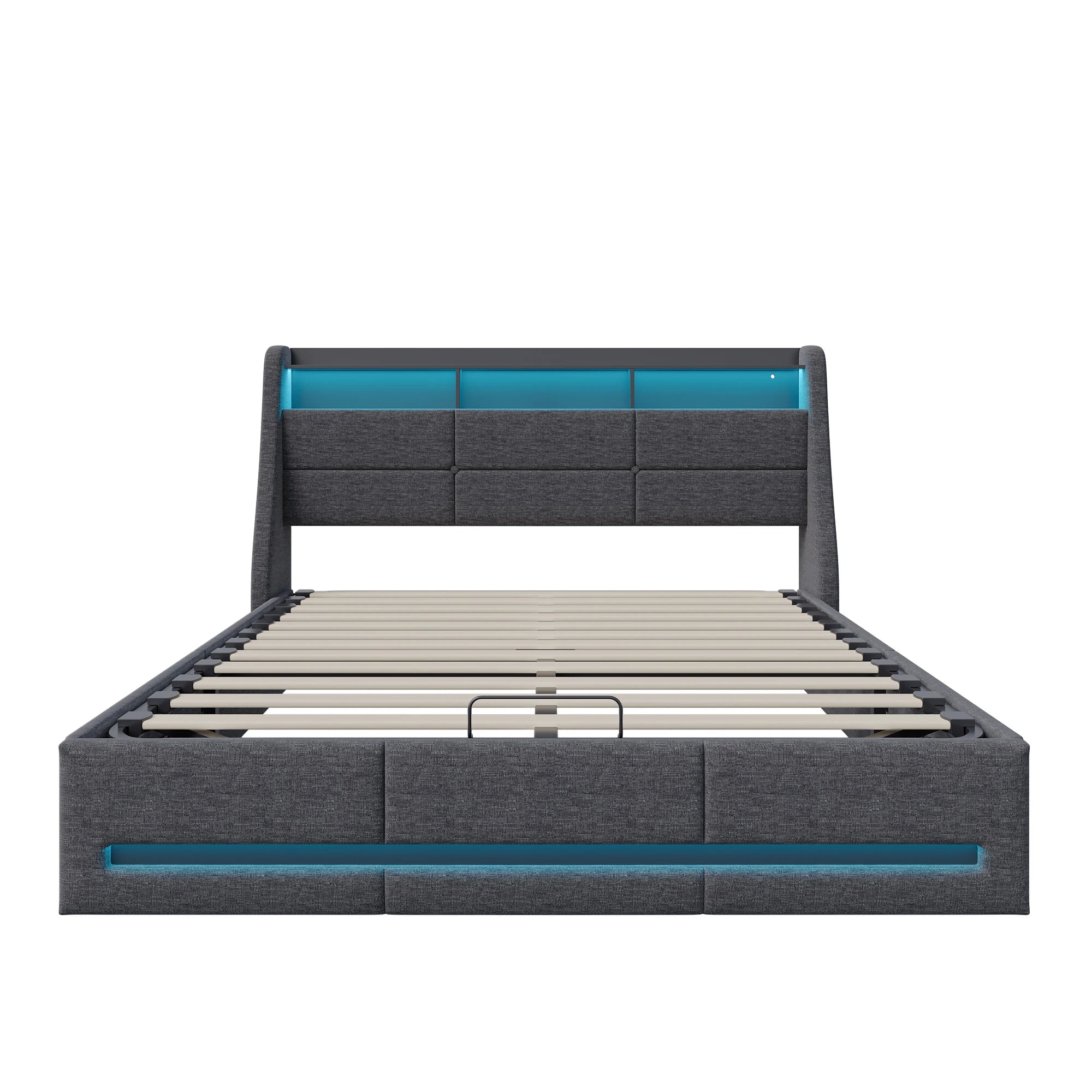 Gestoffeerd tweepersoonsbed 140/160x200 cm met LED‑hoofdeinde, USB‑oplaadfunctie en hydraulische opbergruimte