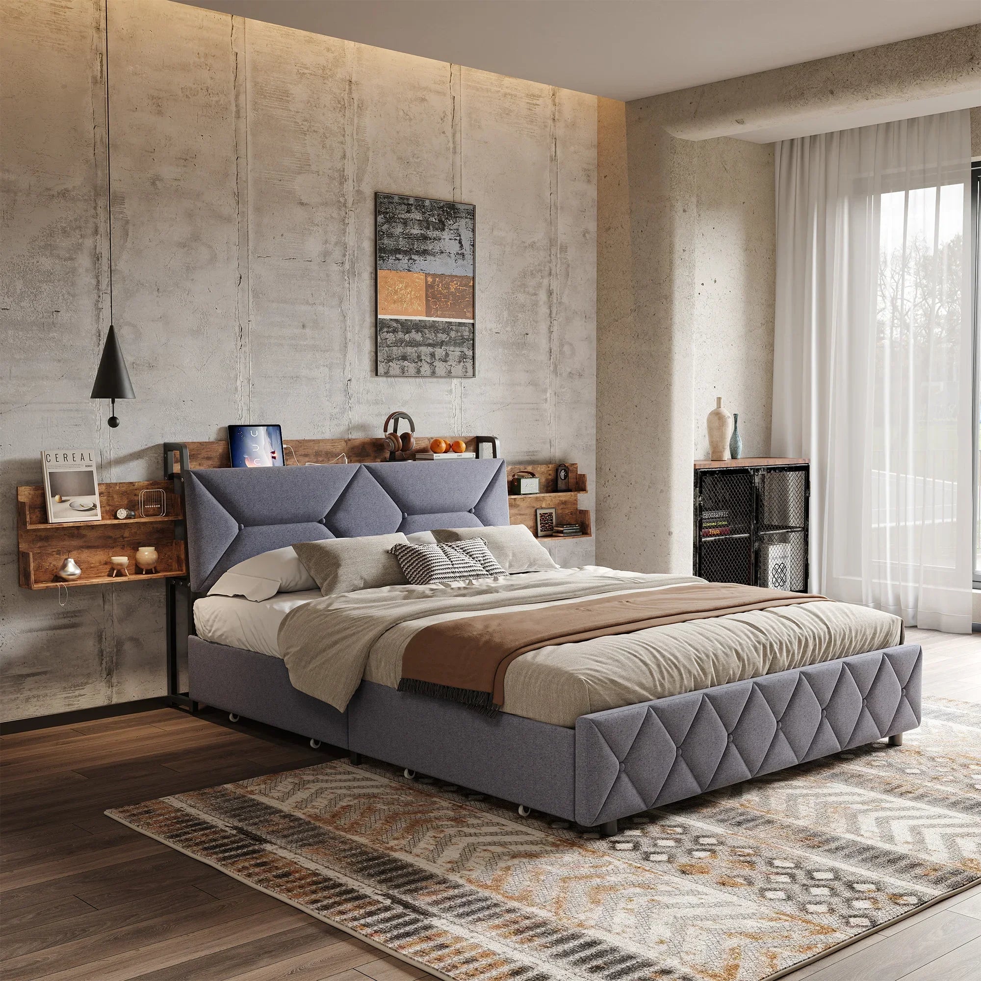 Gestoffeerd tweepersoonsbed met LED‑verlichting, USB‑oplaadfunctie en 4 lades – ideaal voor moderne slaapkamers